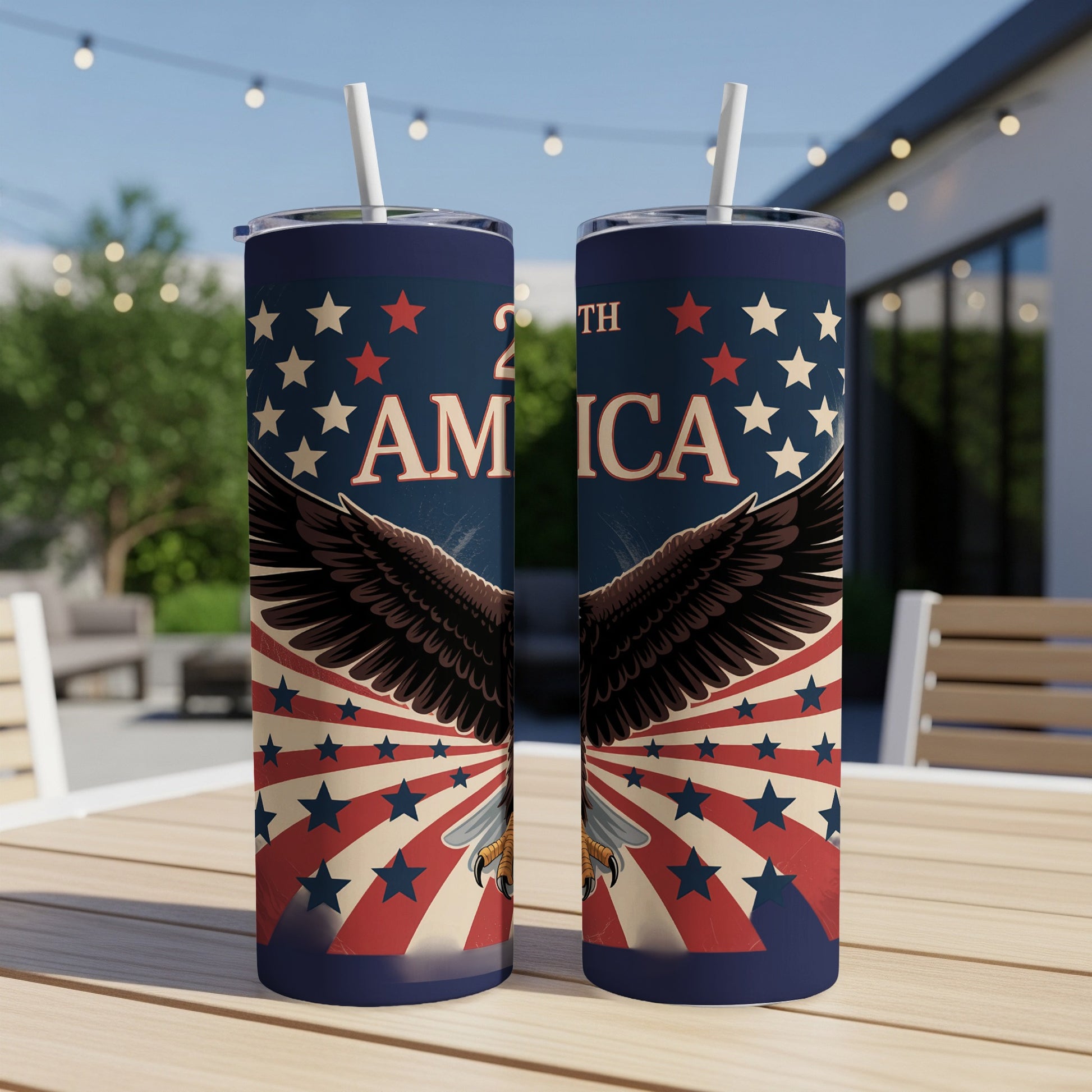 Two tumblers with an eagle and "2nd America" text on a patriotic background.