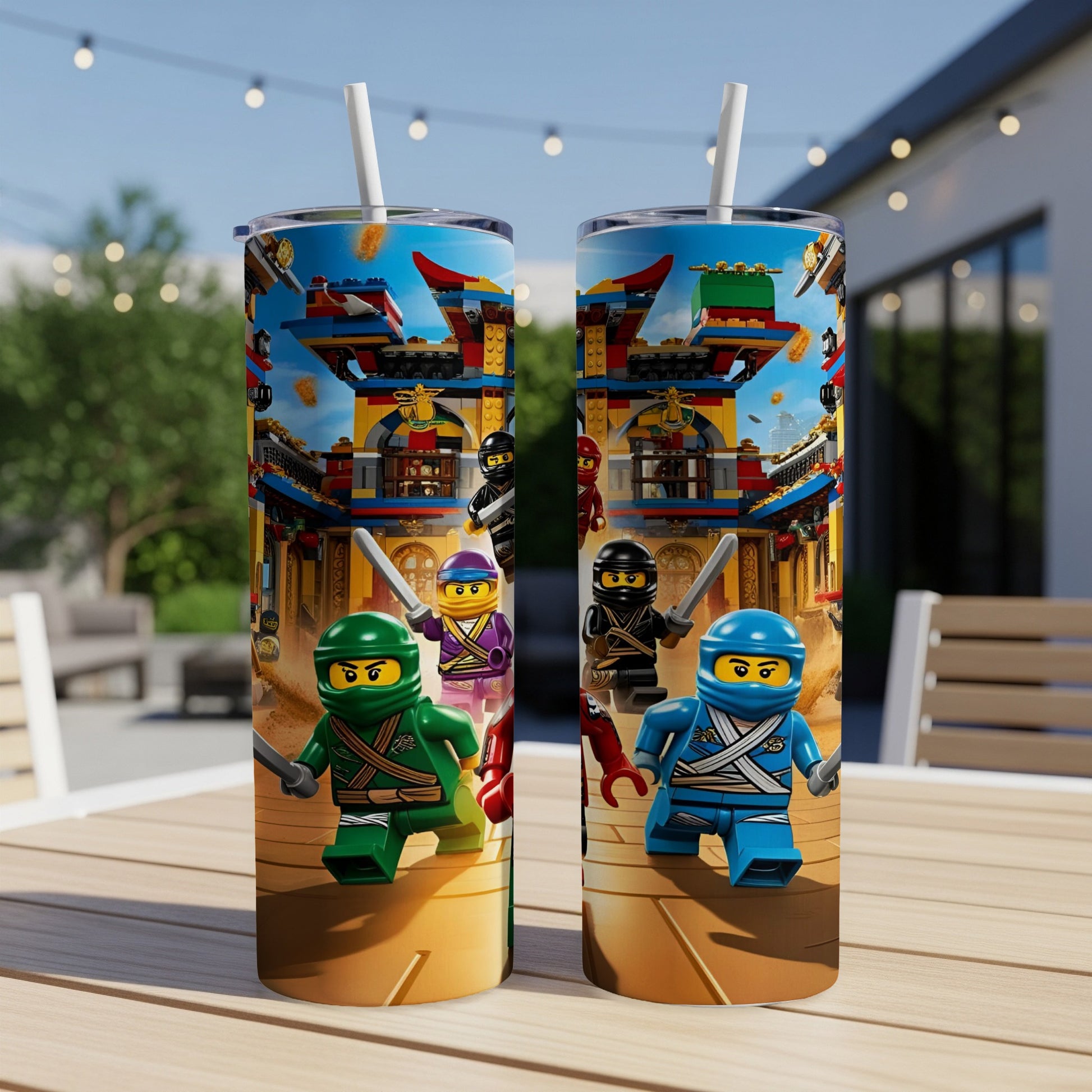 Two Ninjago themed tumblers with ninjas and a cityscape on a table.