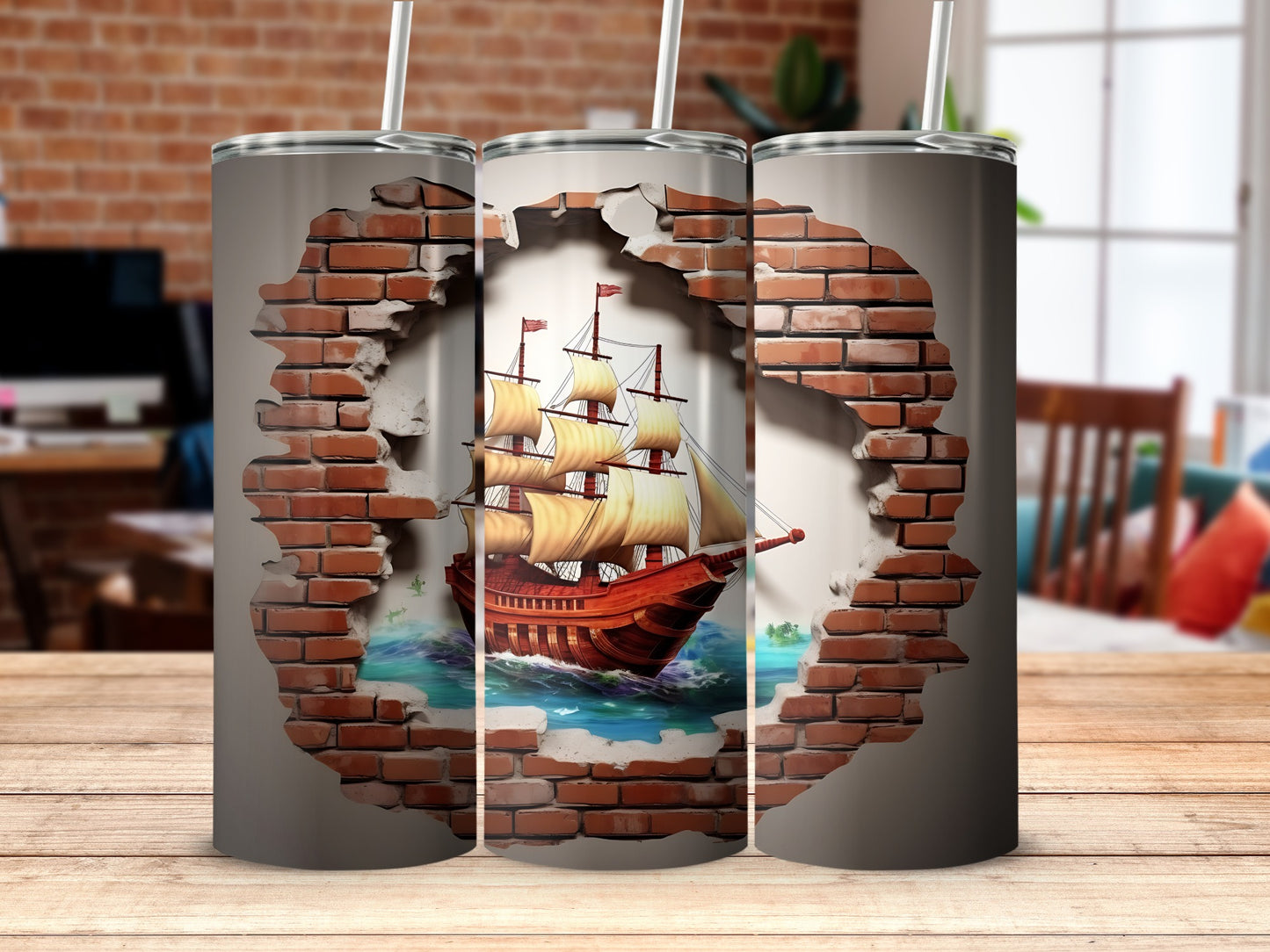 Nautical Sailing Ship Art Breaking Through Brick Design