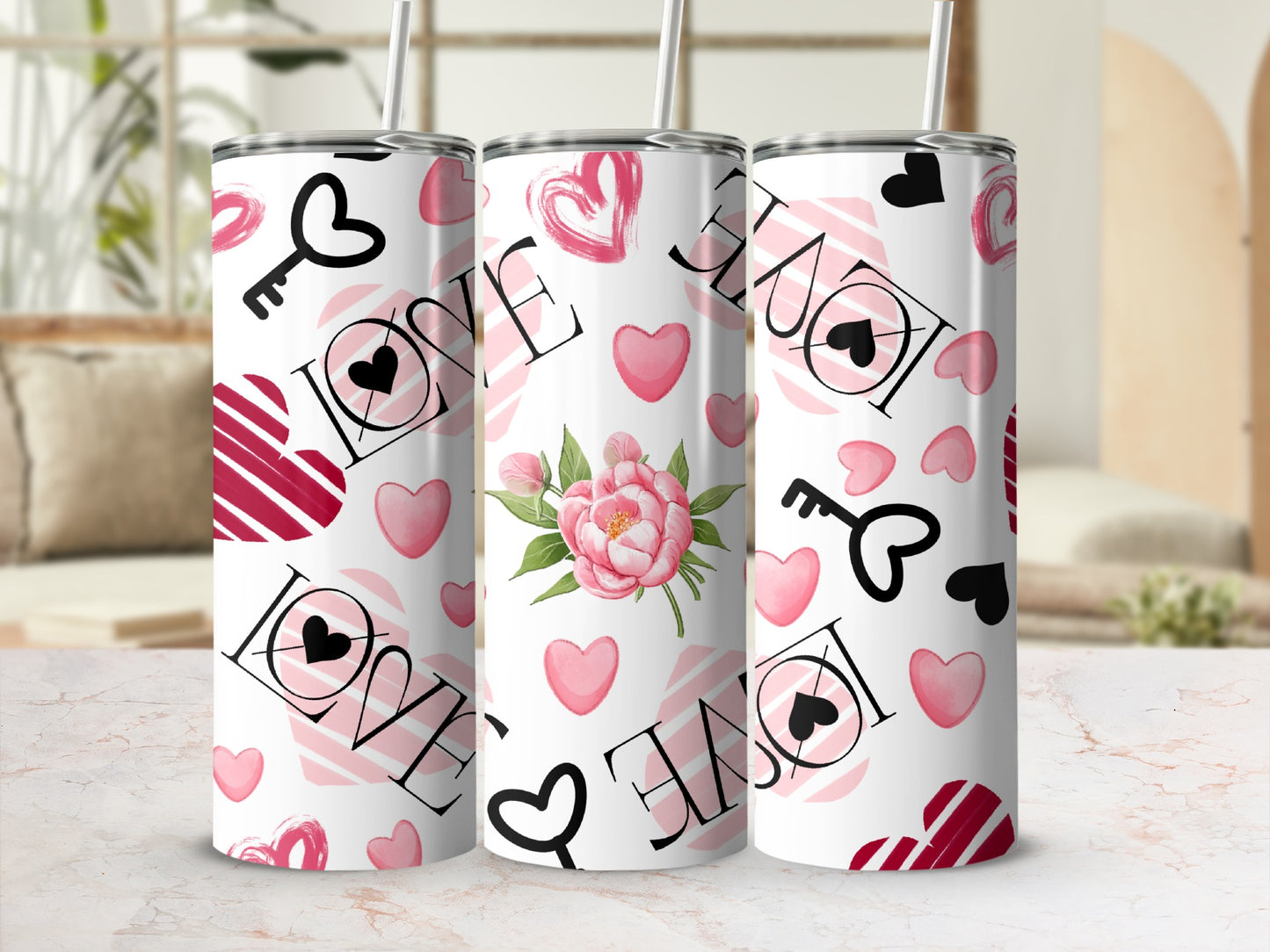 Elegant Pink Peony Love Hearts Keys Tumbler Product Type