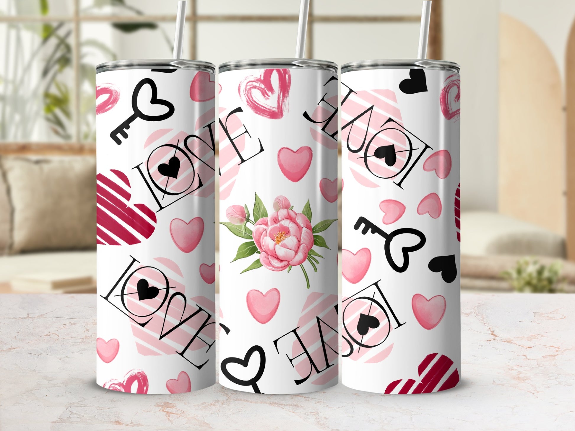 Elegant Pink Peony Love Hearts Keys Tumbler Product Type