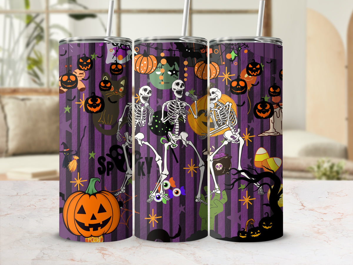 Halloween tumbler with skeletons, pumpkins, and spooky elements on purple striped background.