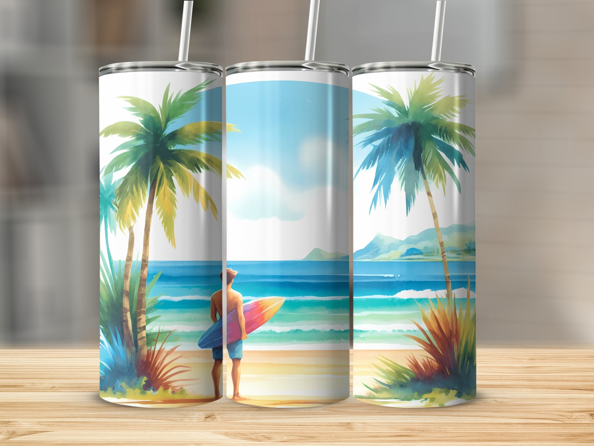 Three tumblers with beach scene, palm trees, and a surfer.