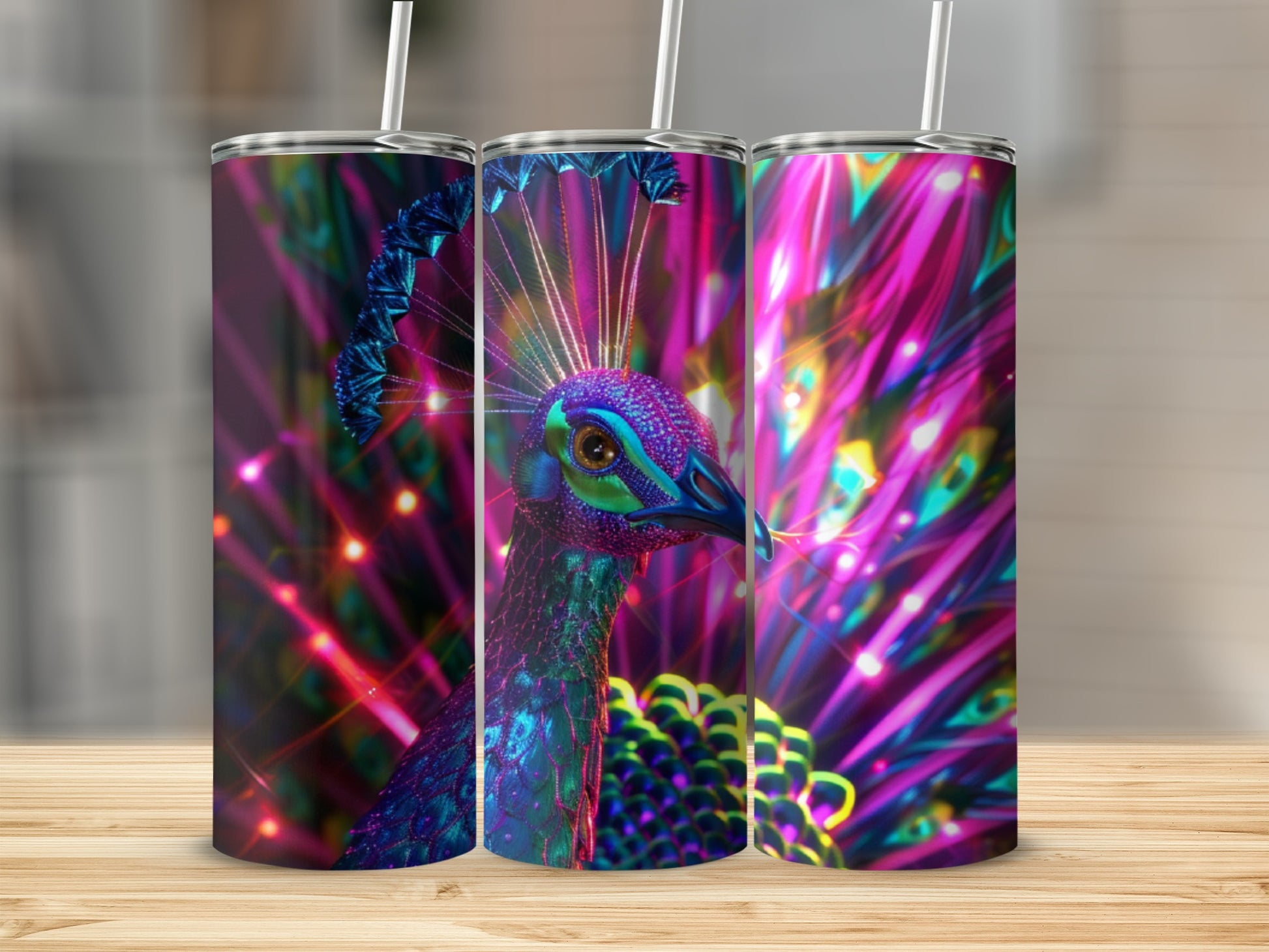 Three tumblers with a psychedelic peacock feather design and glowing colorful lights.