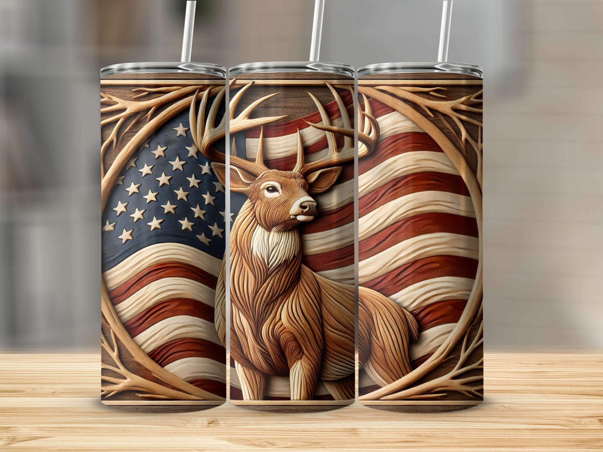 Patriotic American Flag Deer Design Stainless Steel Tumbler