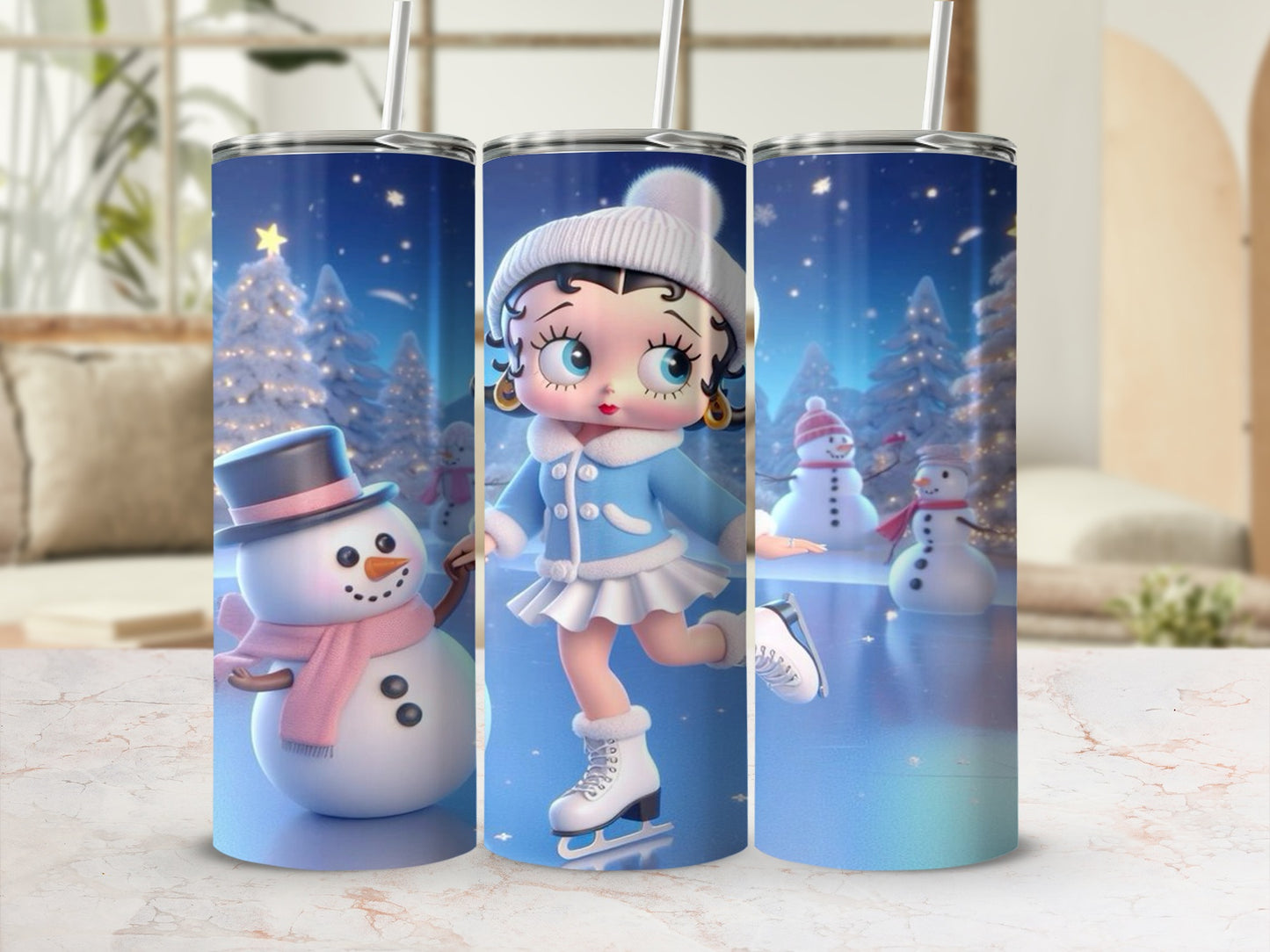 Cute Winter Skating Scene Tumbler With Snowmen Design