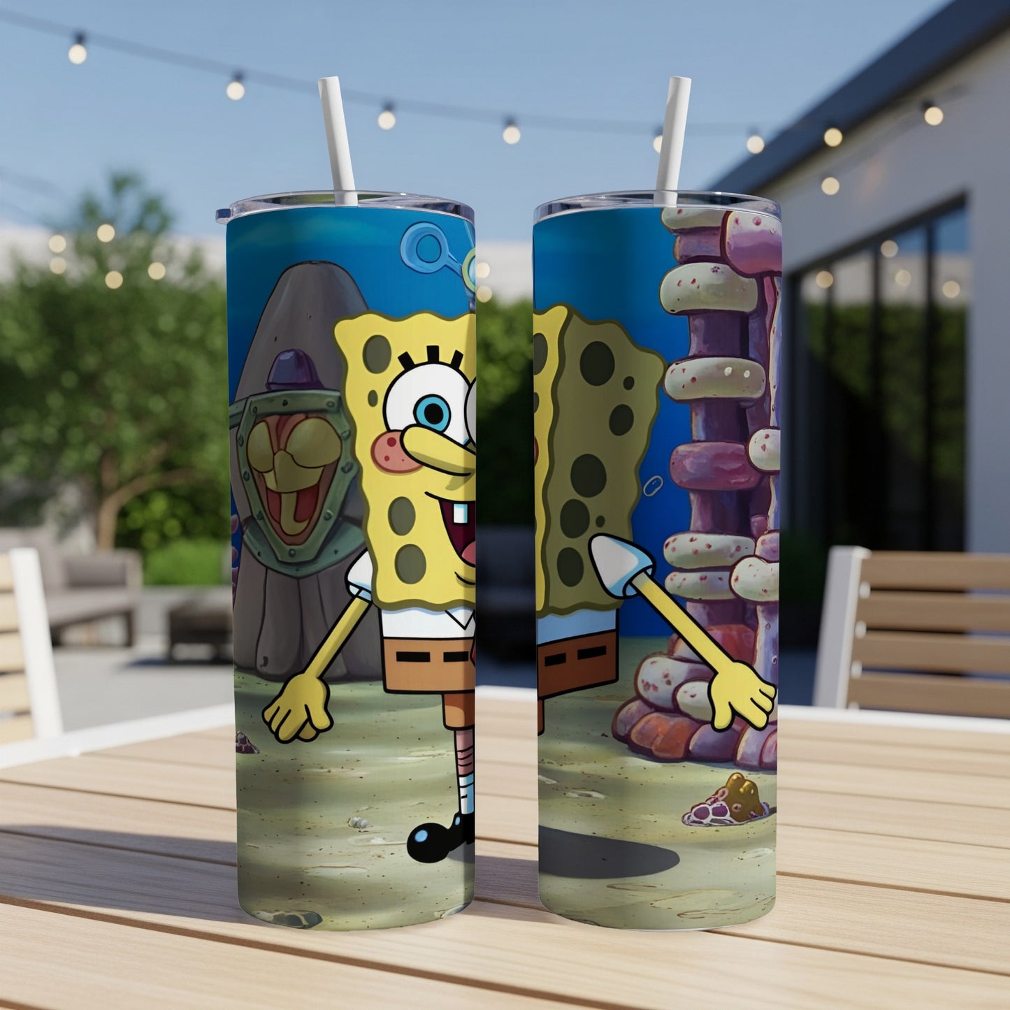 SpongeBob SquarePants character on a blue background with bubbles and a coral reef.