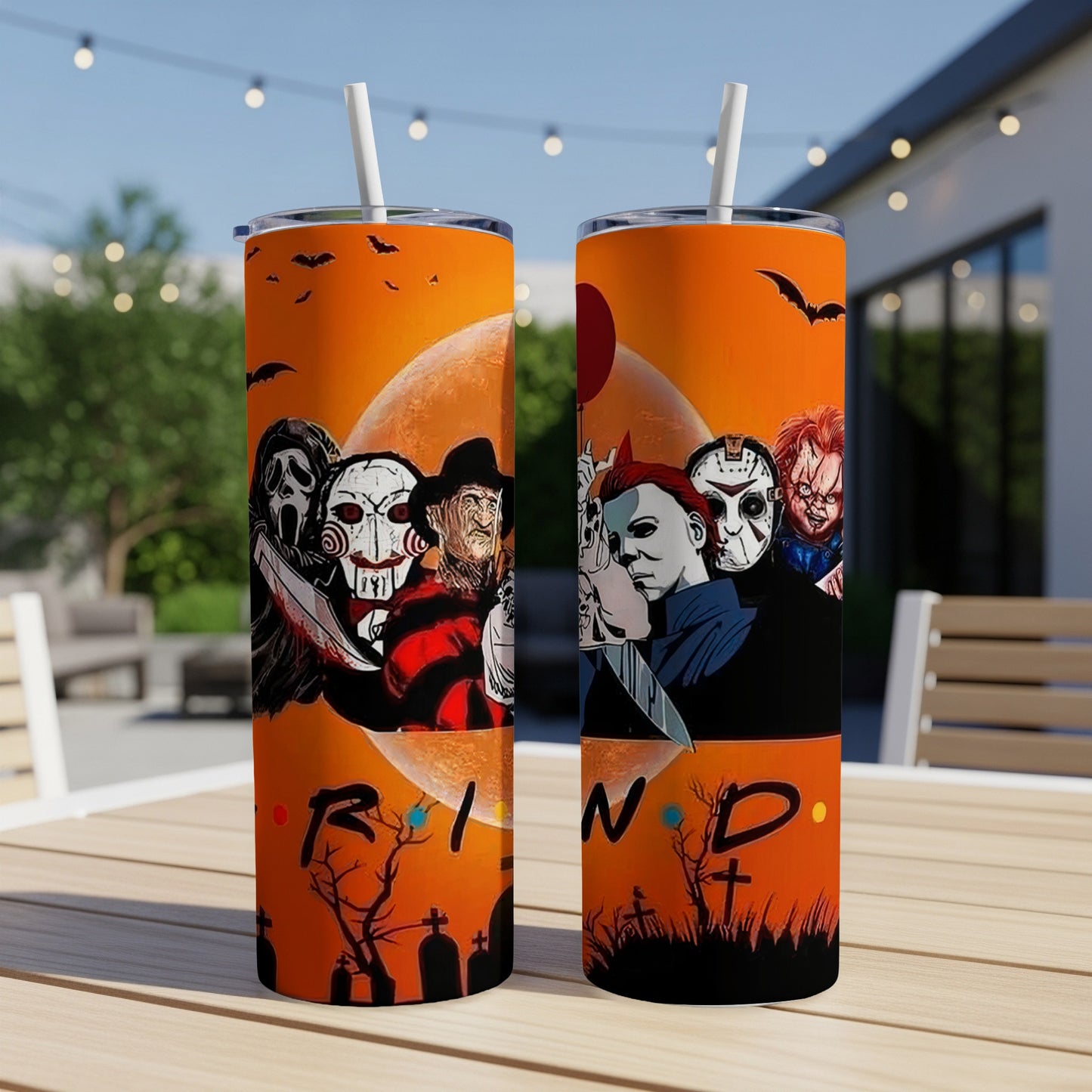 Horror movie characters on orange tumblers with bats and a moon, spelling "FRIENDS".