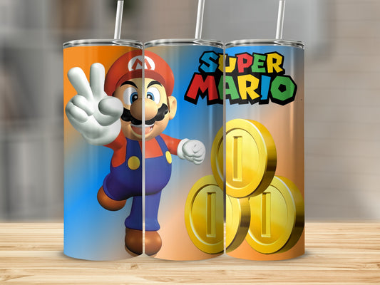 Super Mario themed tumbler with peace sign and coins