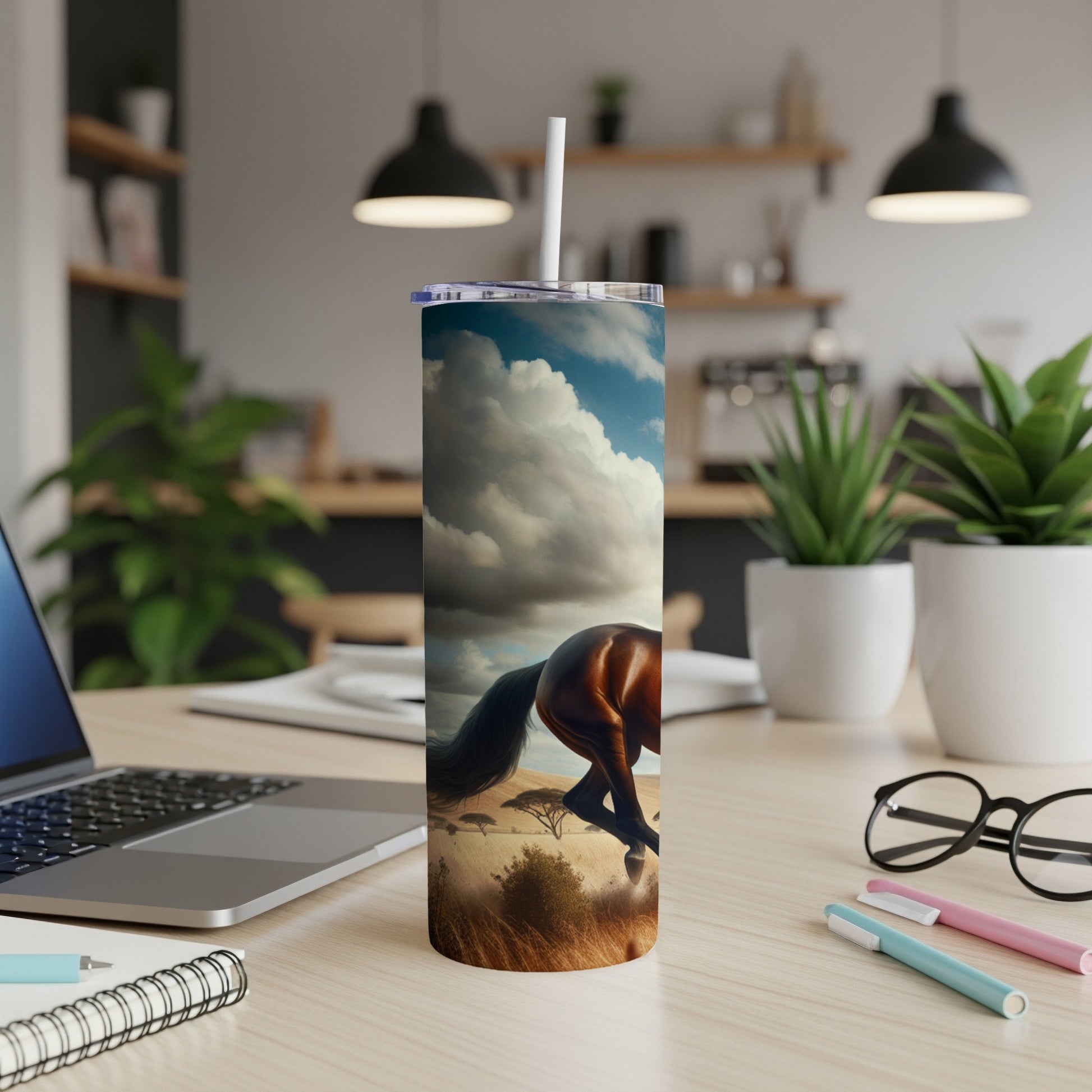 Horse running in a savanna landscape on a patterned tumbler.