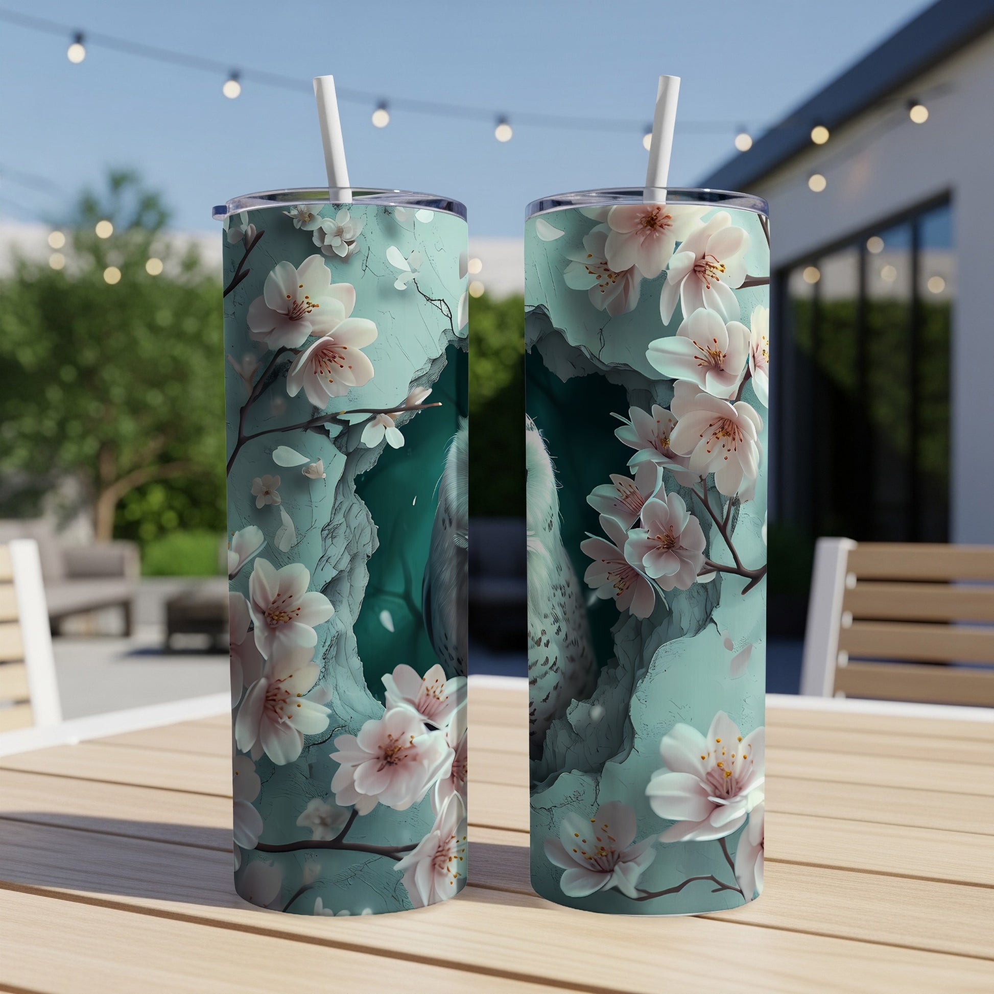 Two tall tumblers featuring a blue-green floral design with white cherry blossoms and a bird.