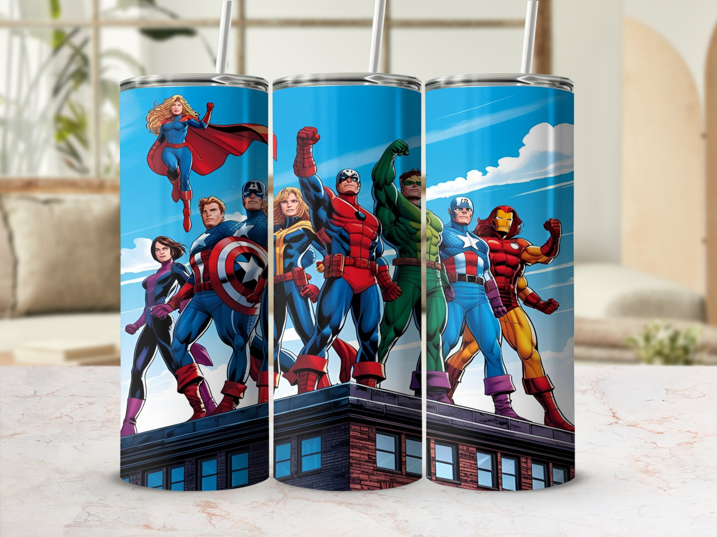 Avengers standing on a rooftop, with Captain America, Iron Man, Hulk, and Thor.