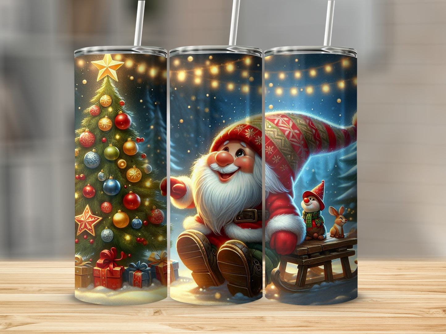 Santa Claus and a Christmas tree on a tumbler design.