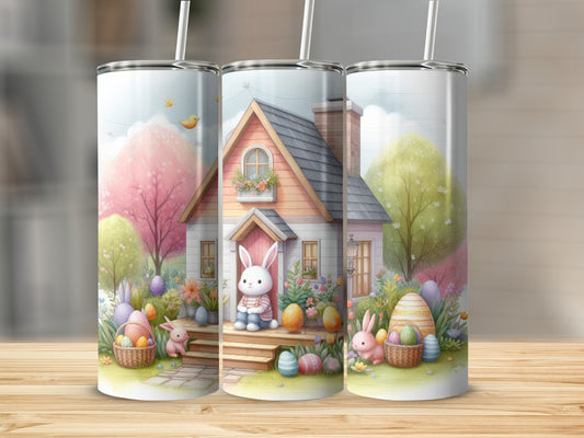 Easter bunny in front of a whimsical house with pastel eggs and baskets.