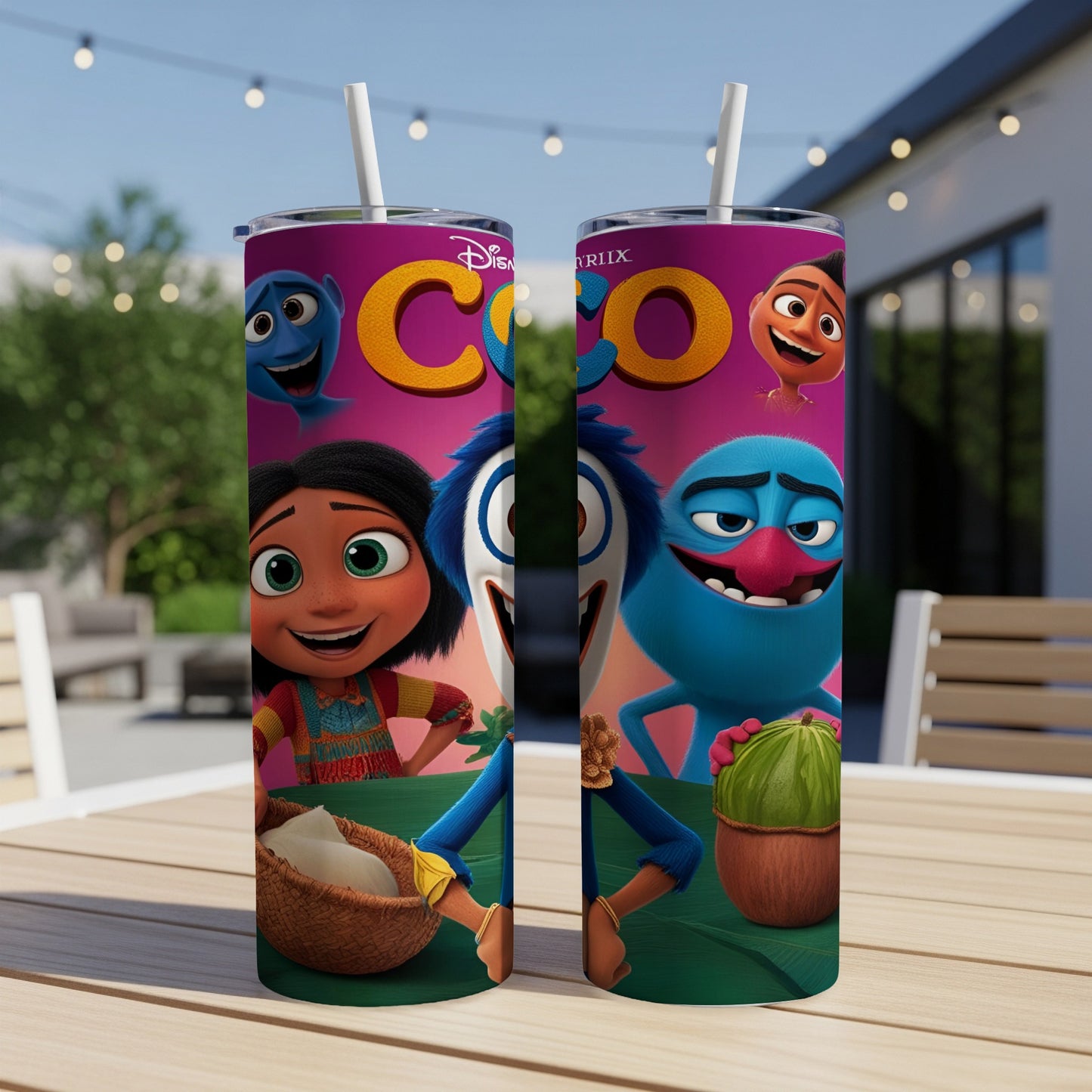 Coco movie characters on a white double-walled tumbler with straws.