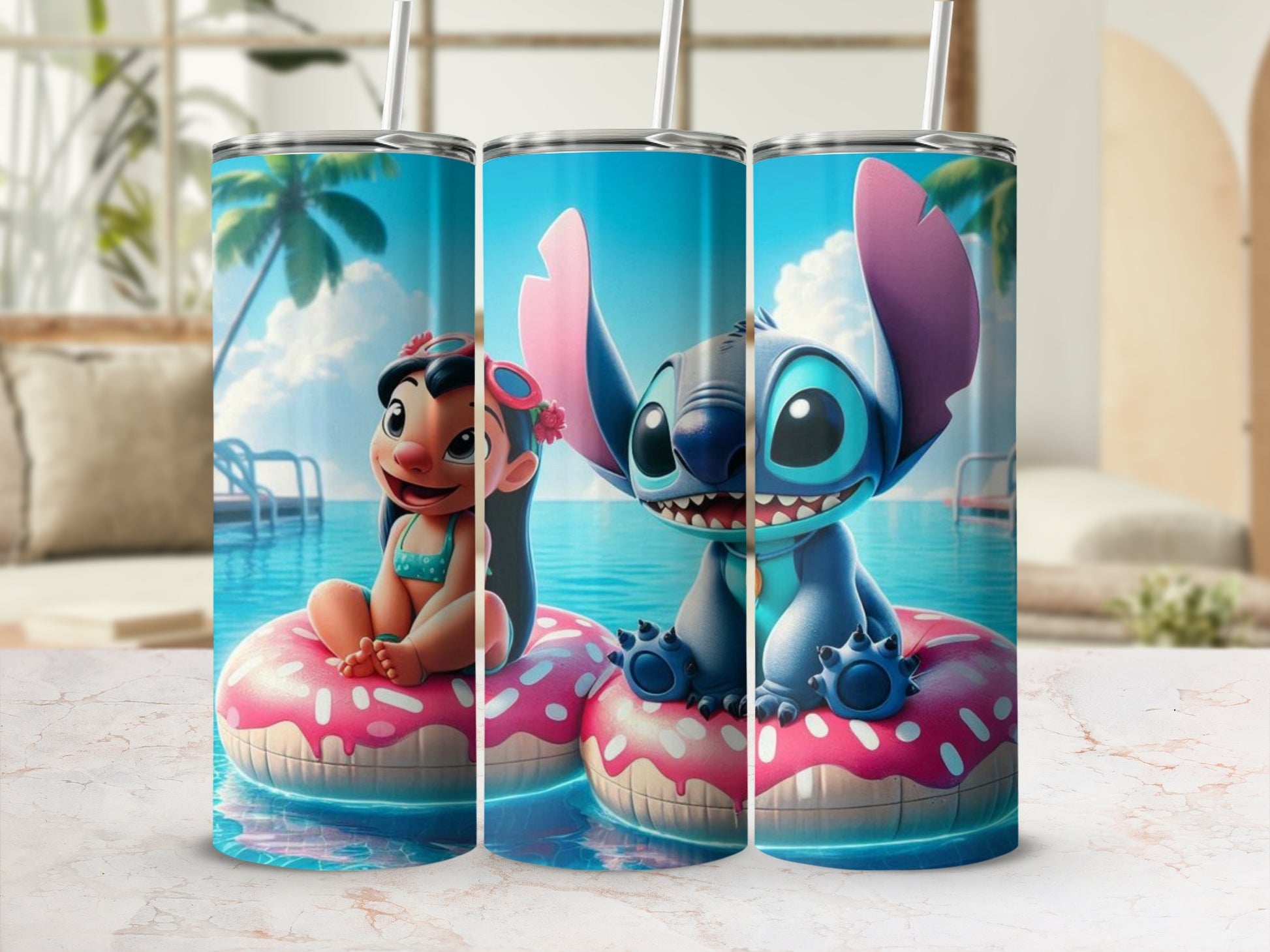 Cute Cartoon Beach Pool Scene on Stainless Steel Tumbler