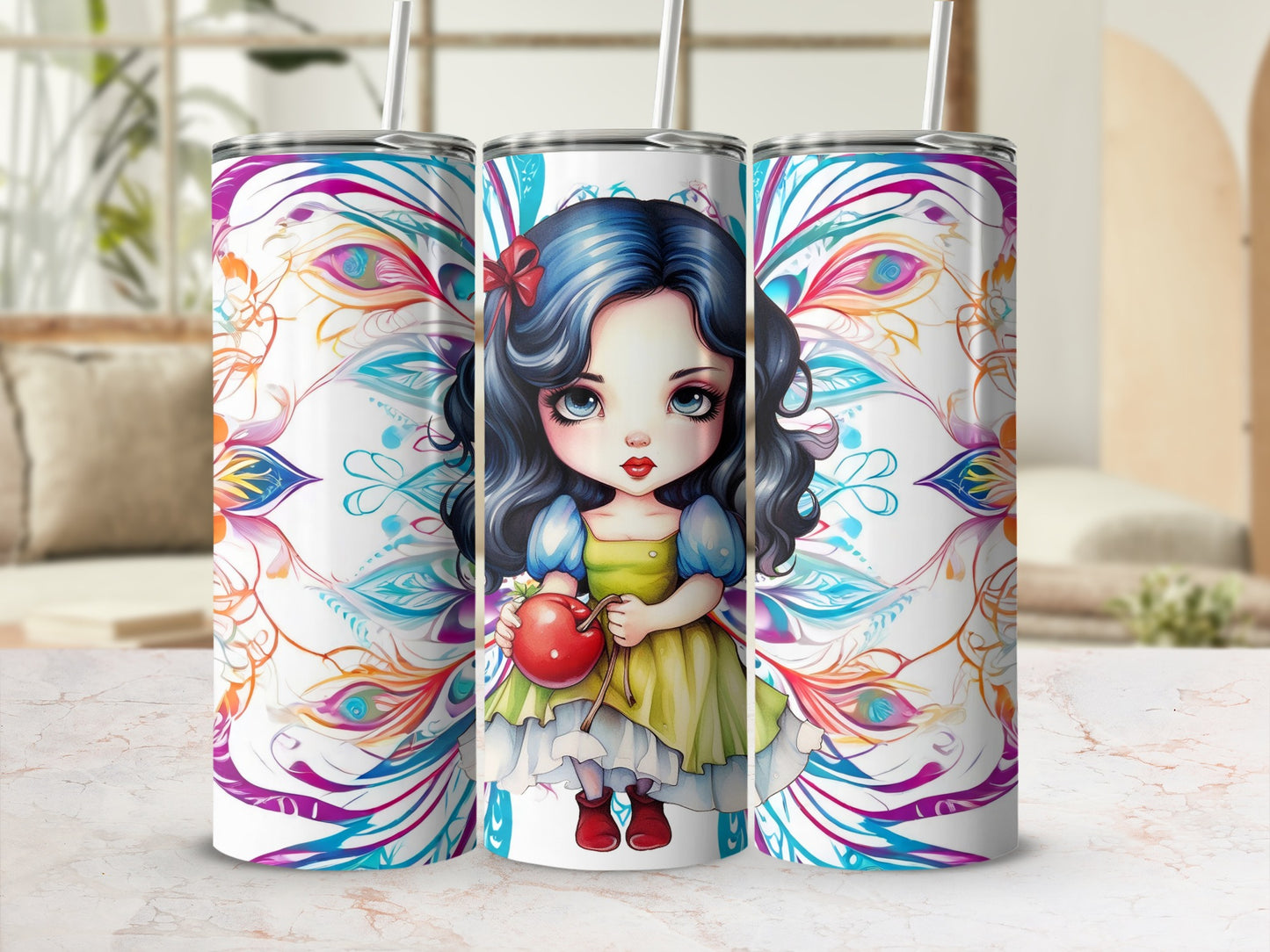 Colorful Floral Design Tumblers with Cute Girl Illustration