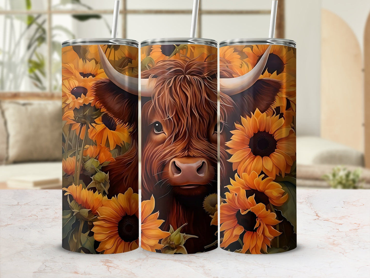 Highland Cow Sunflower Tumbler Insulated Travel Cup