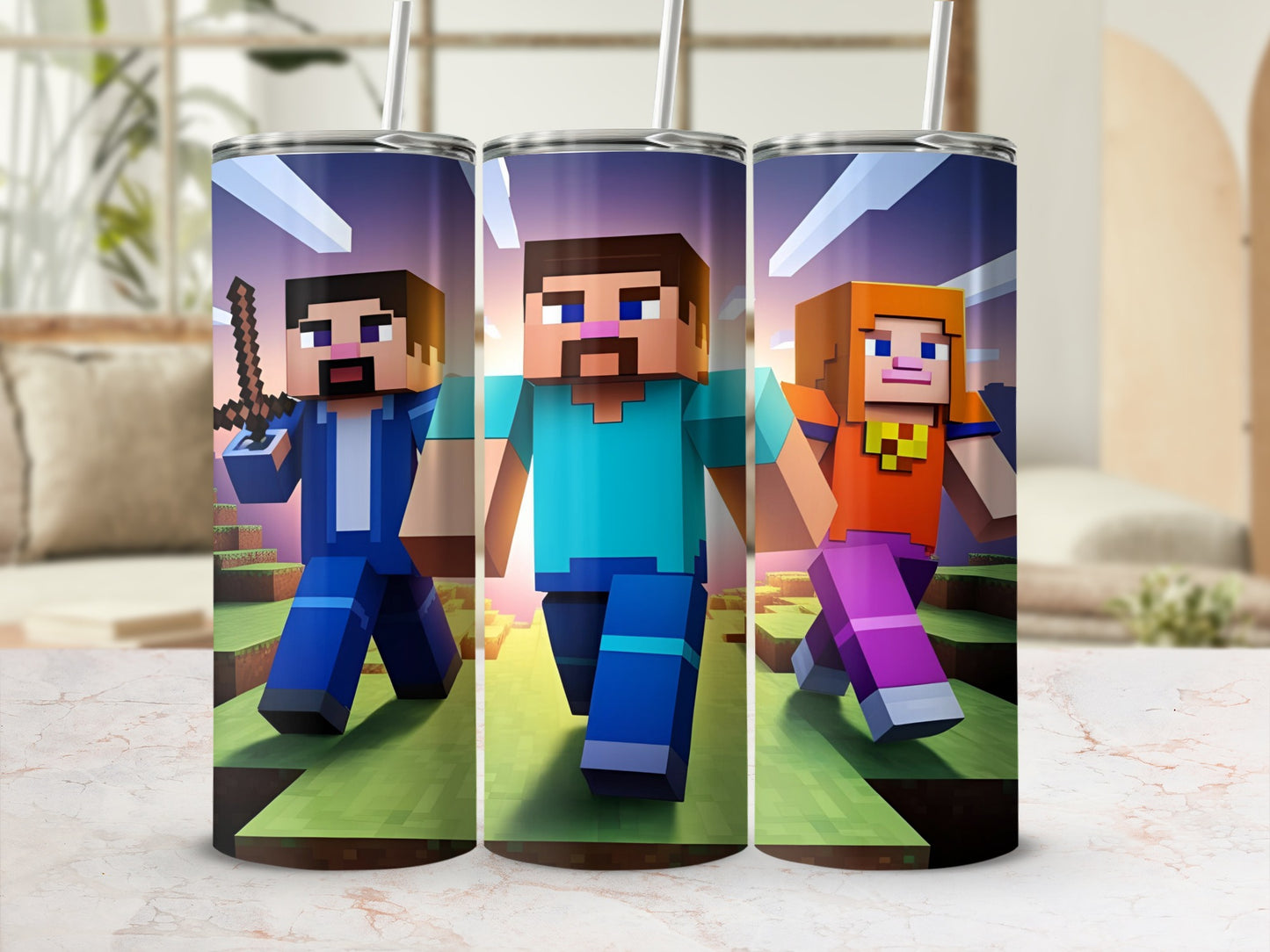 Minecraft characters Steve, Alex, and an Enderman on a tumbler.