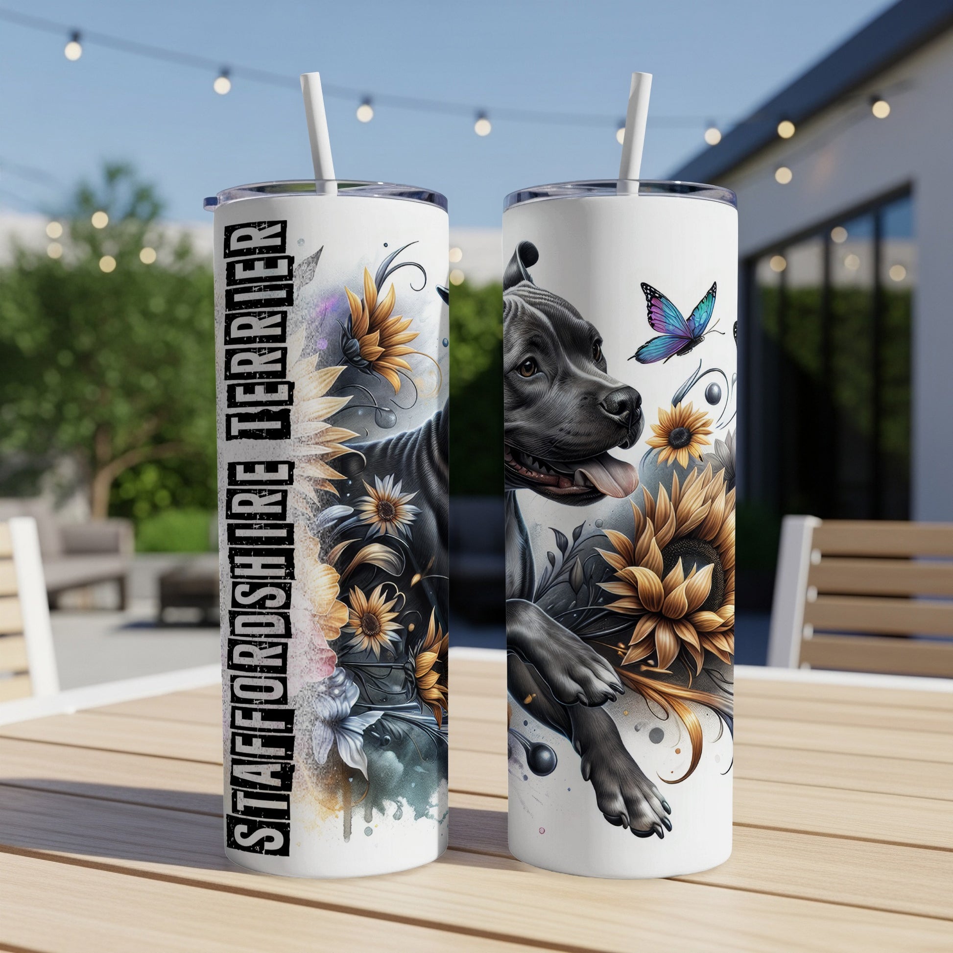 Staffordshire Terrier tumbler with sunflowers and butterfly graphic.