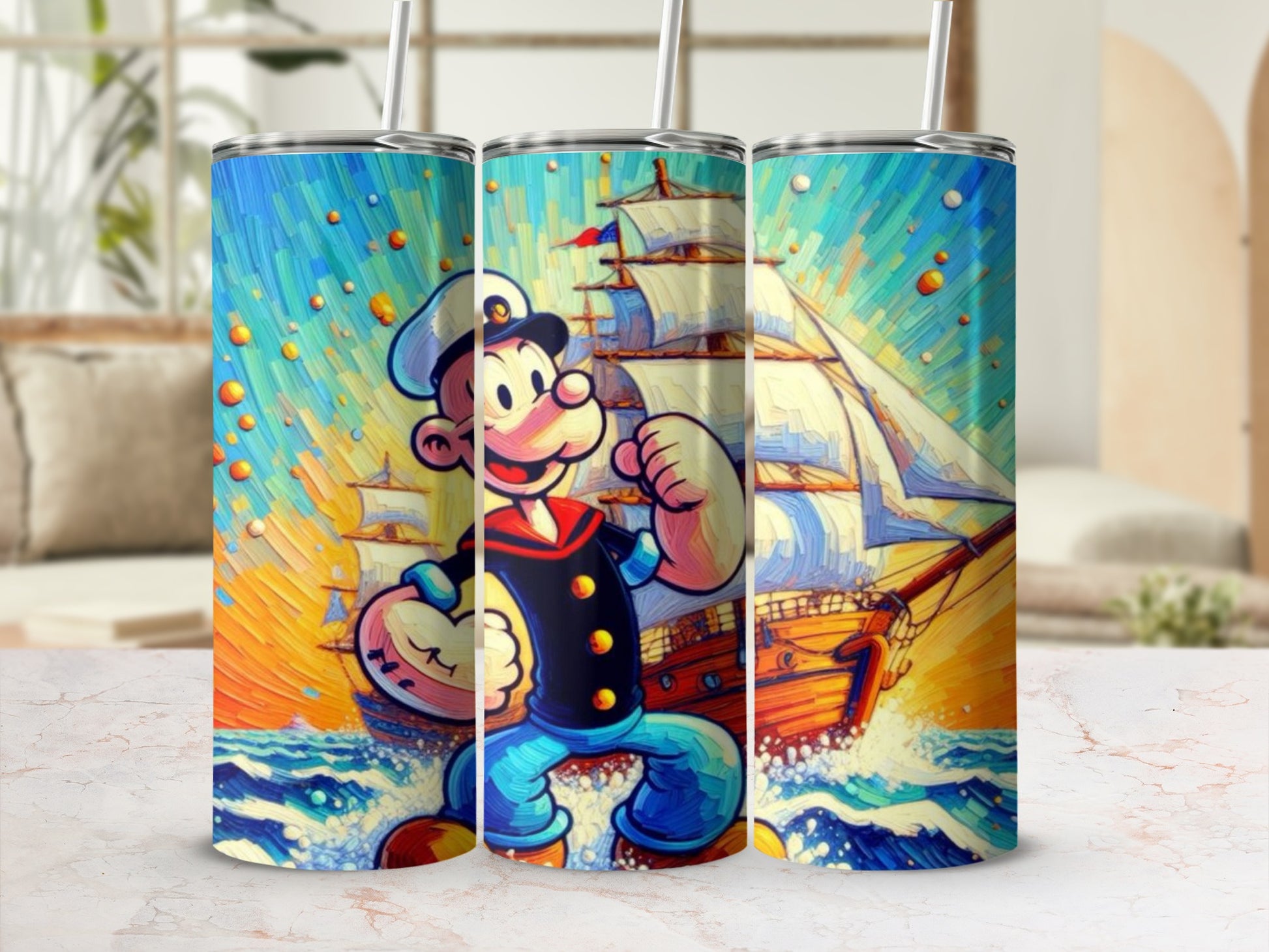 Vibrant Sailor Cartoon with Ship Art Tumbler Cup