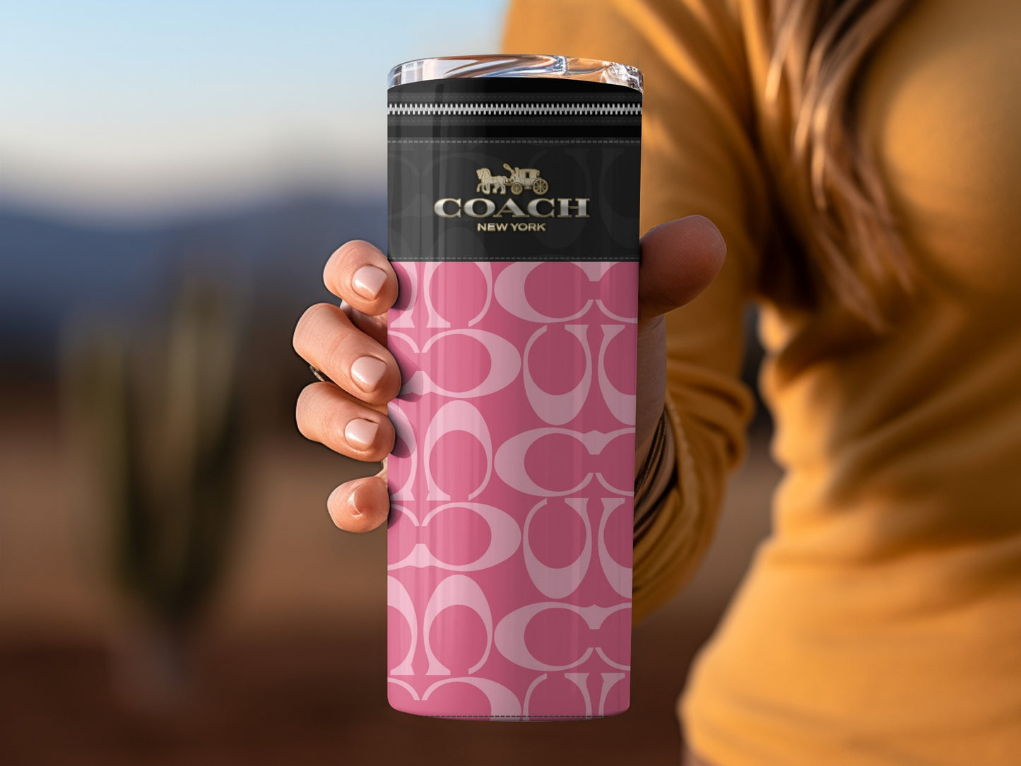Pink and Black Coach New York Travel Mug