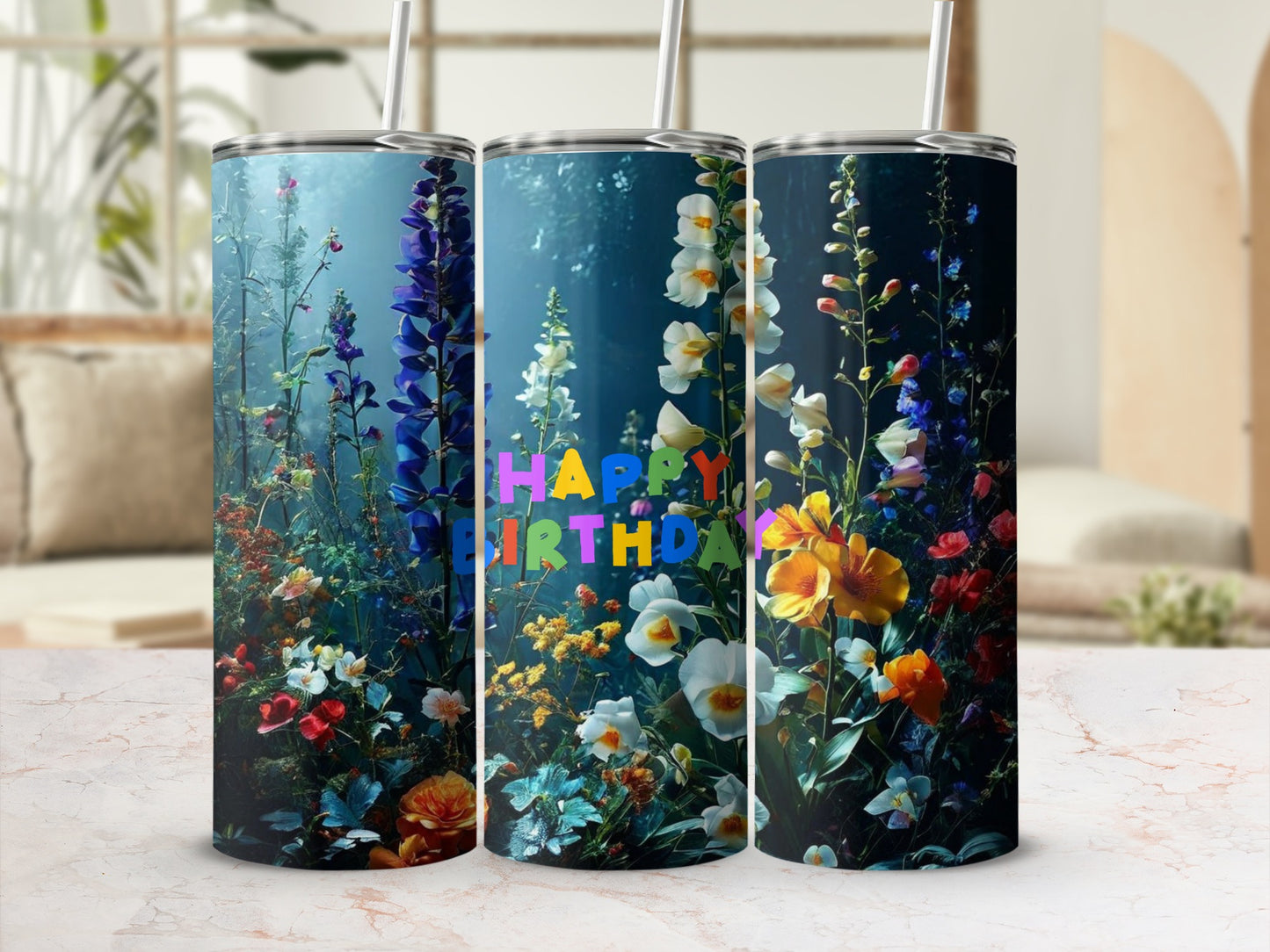Birthday tumbler with colorful flowers and "Happy Birthday" text.