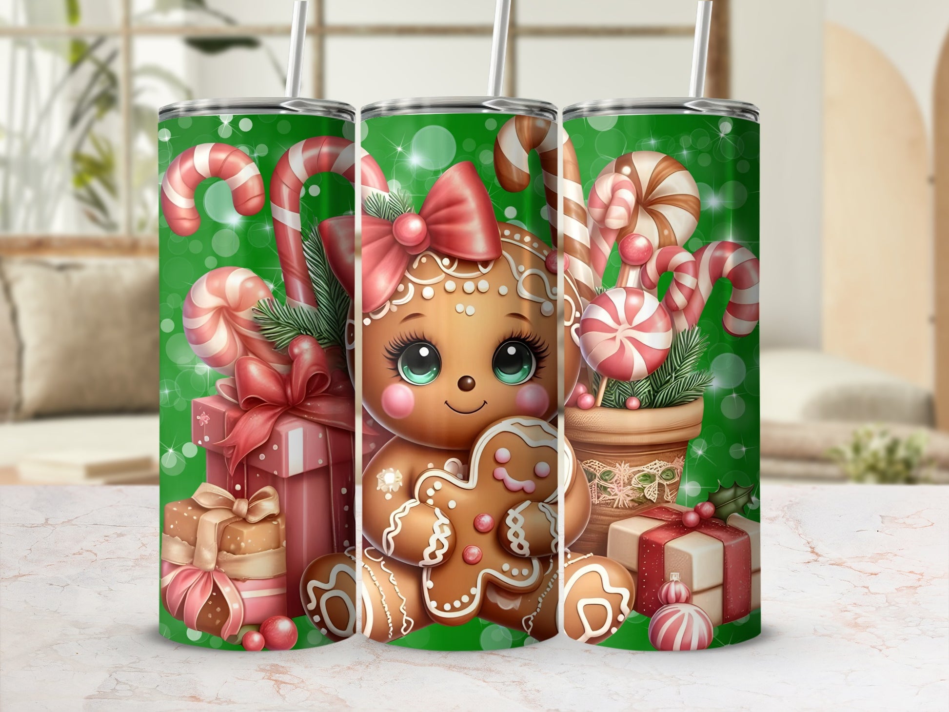 Cute Gingerbread Candy Cane Christmas Tumbler Cup
