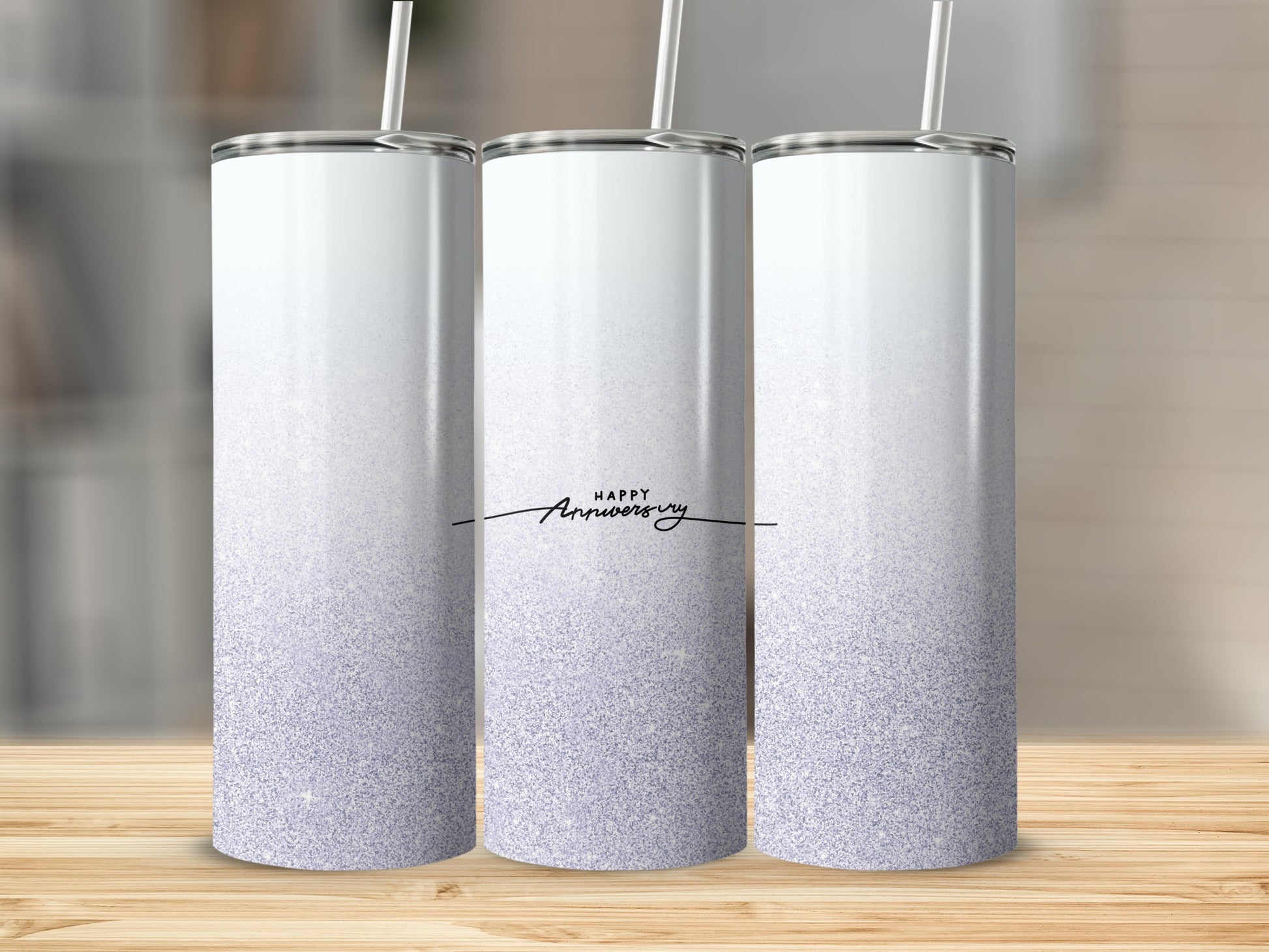 White tumbler with purple glitter gradient and "Happy Anniversary" text.
