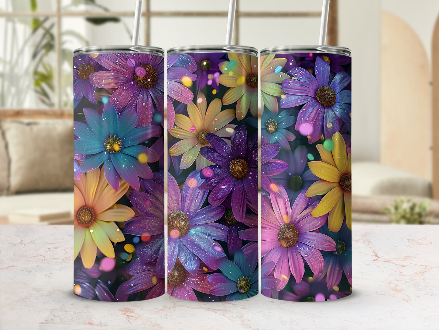 Vibrant Floral Print Tumbler Cup with Colorful Flowers
