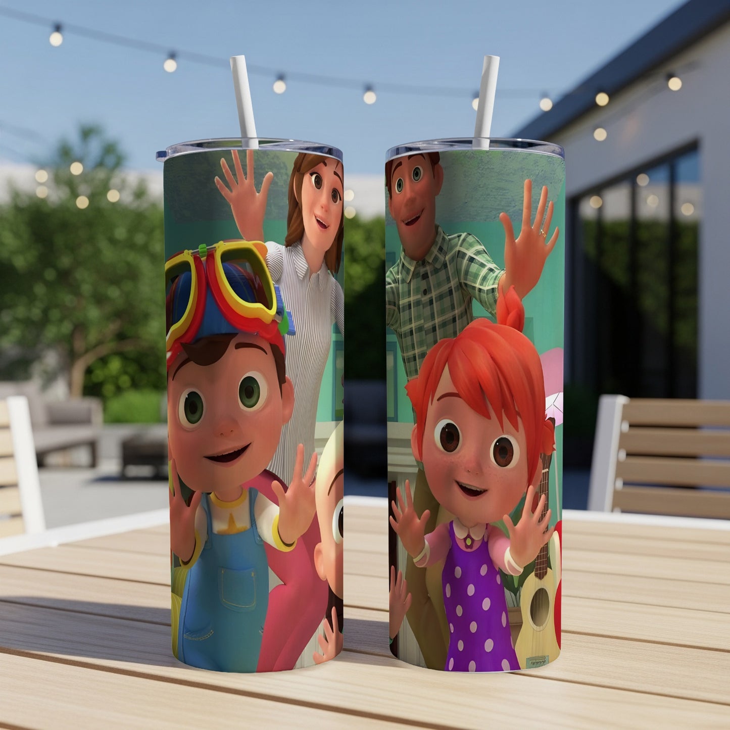 Two CoComelon tumblers with characters JJ and Cody, featuring straw and outdoor background.