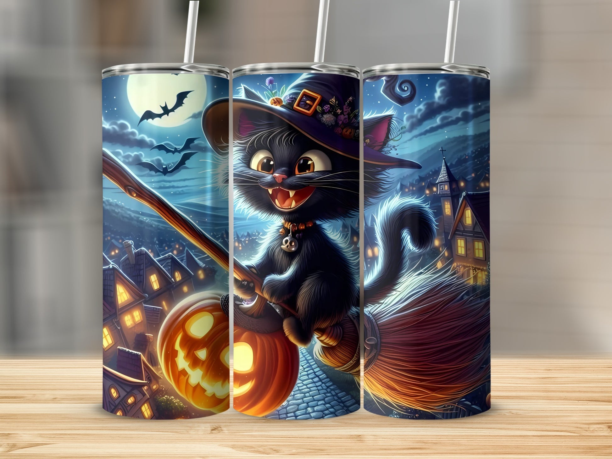 Black cat witch flying on broomstick with jack-o'-lantern over spooky Halloween town.