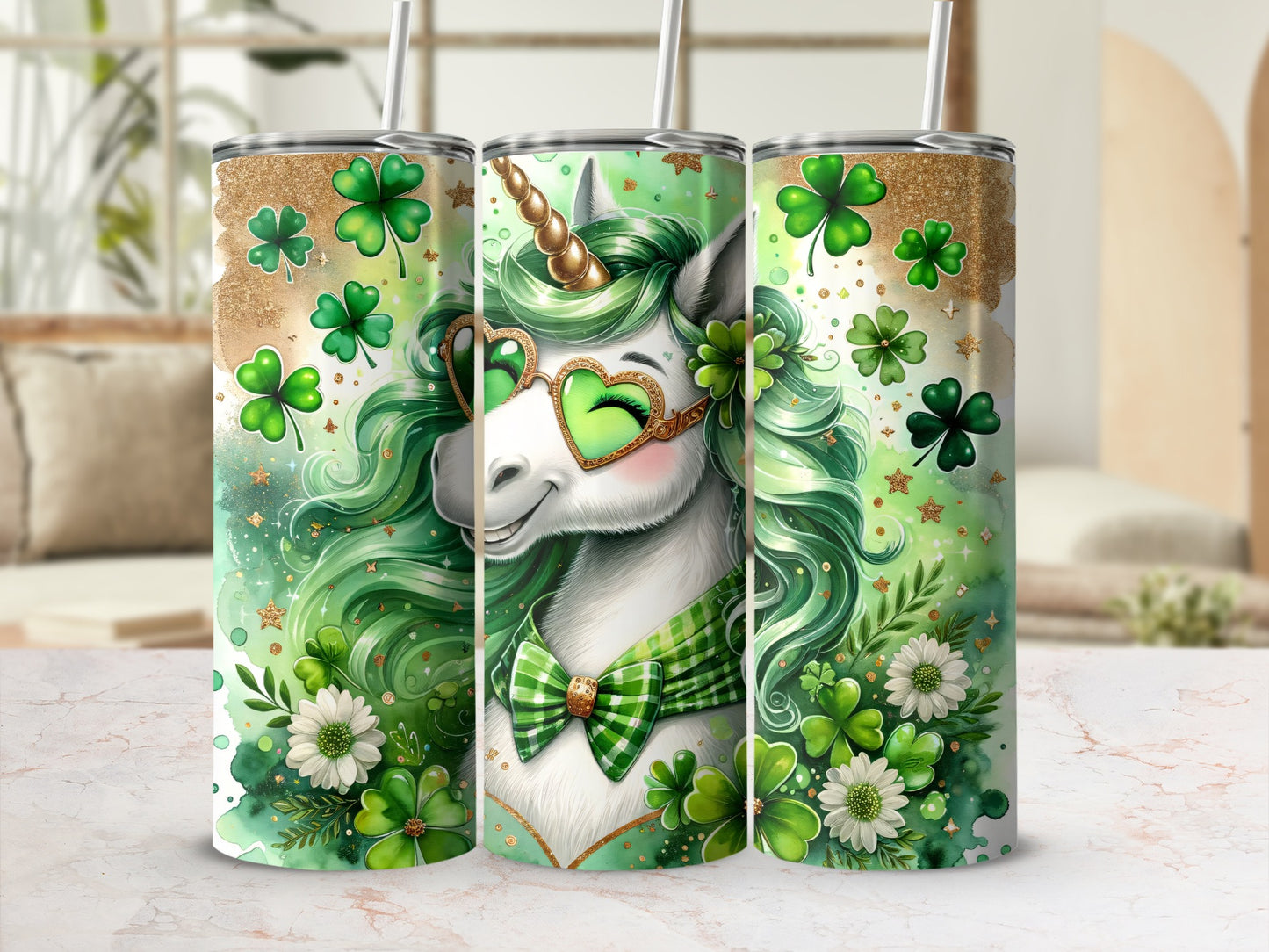 Green unicorn with clover hearts and bows on a glittery tumbler.