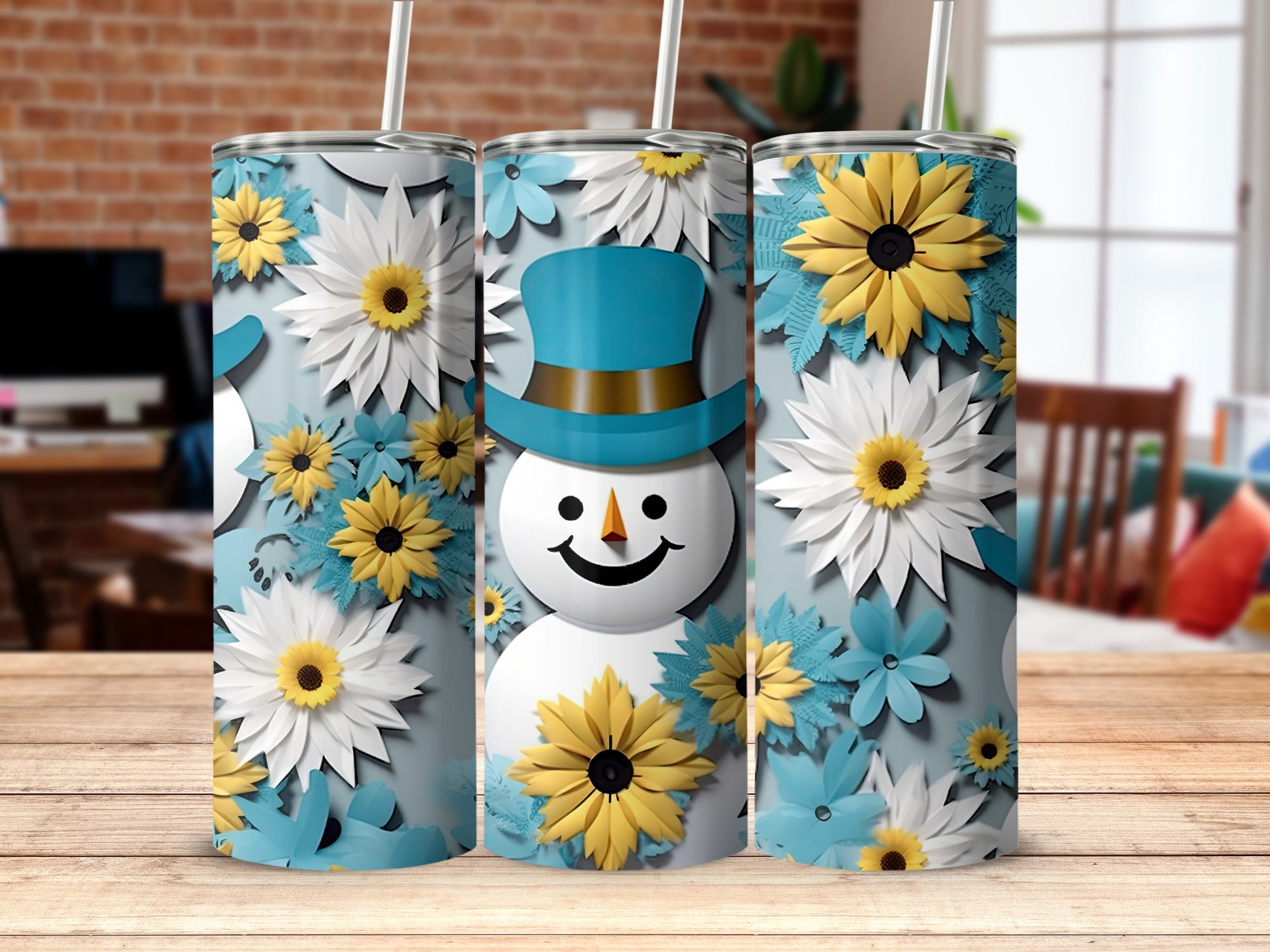 Blue Snowman Floral Design Stainless Steel Tumbler
