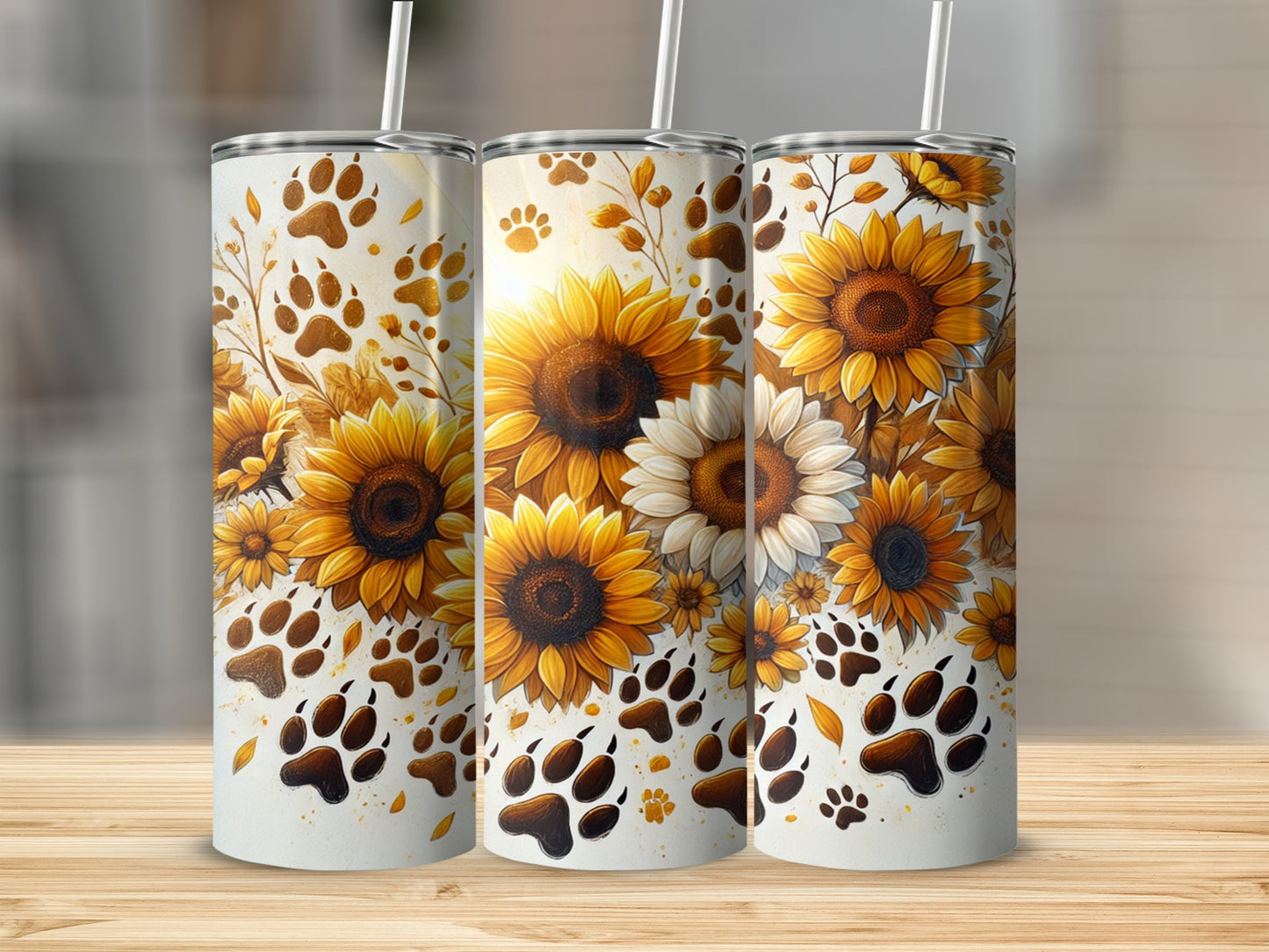 Sunflower and Paw Print Design Tumbler for Pet Lovers