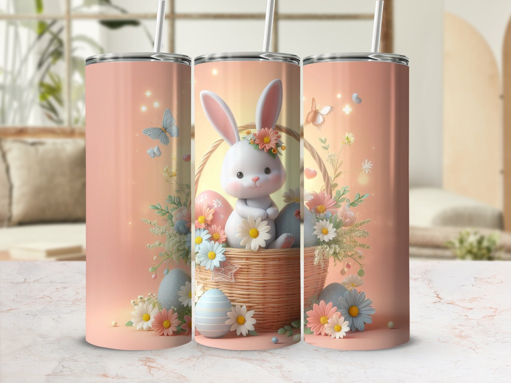 Easter bunny in basket with colorful eggs and flowers.