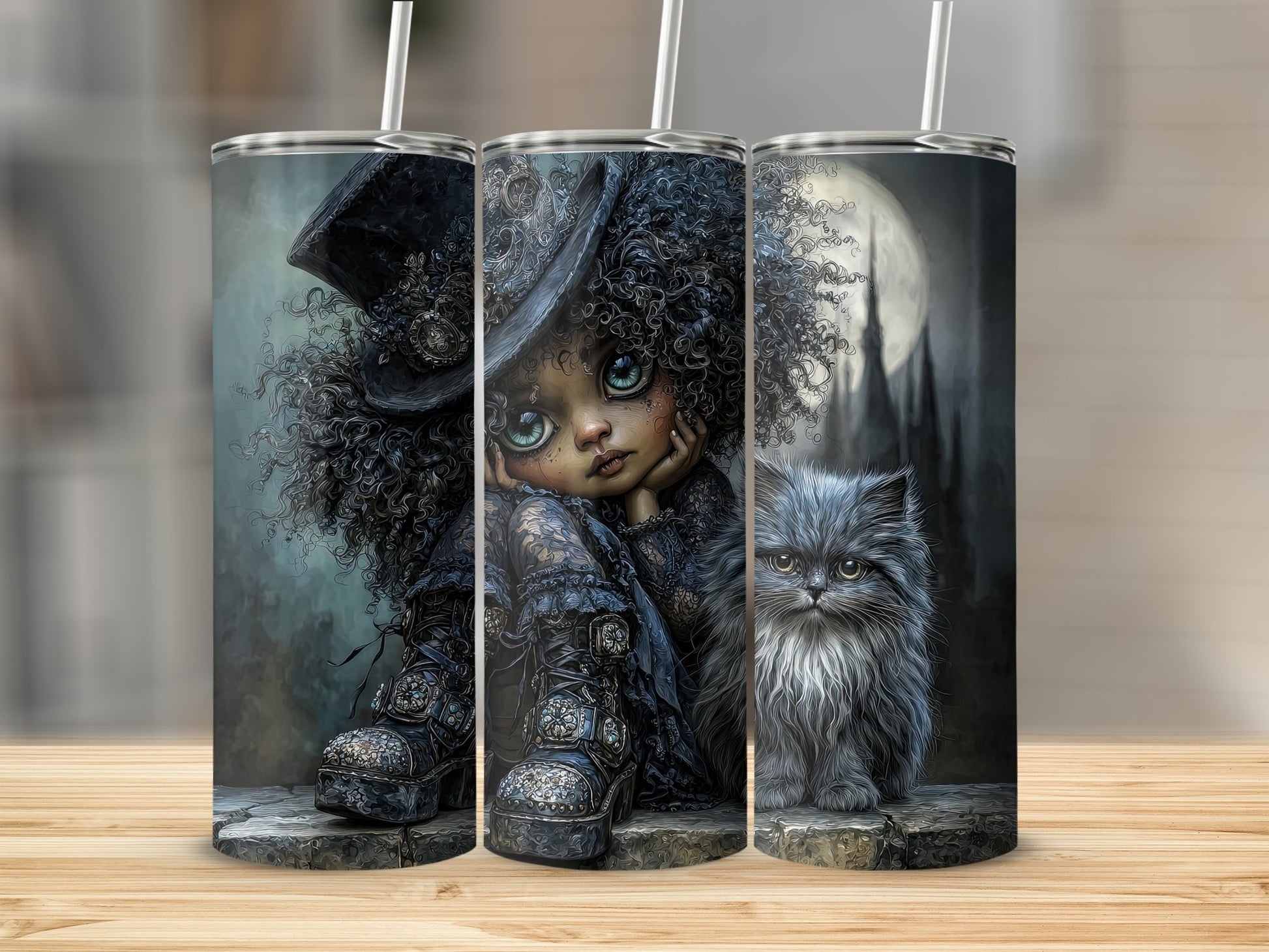 Whimsical Art Tumbler with Girl and Cat Design