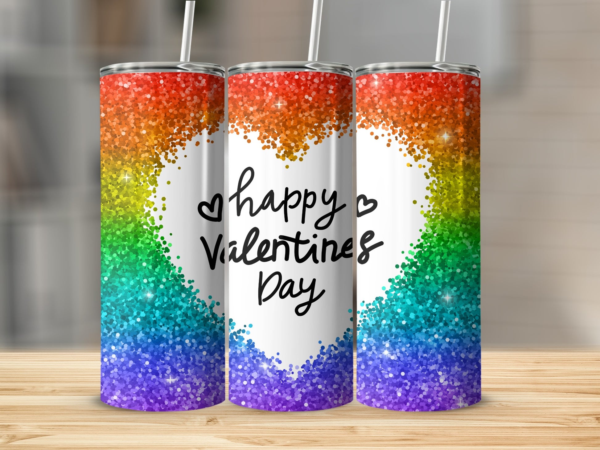 Happy Valentines Day Rainbow Glitter Tumbler Design