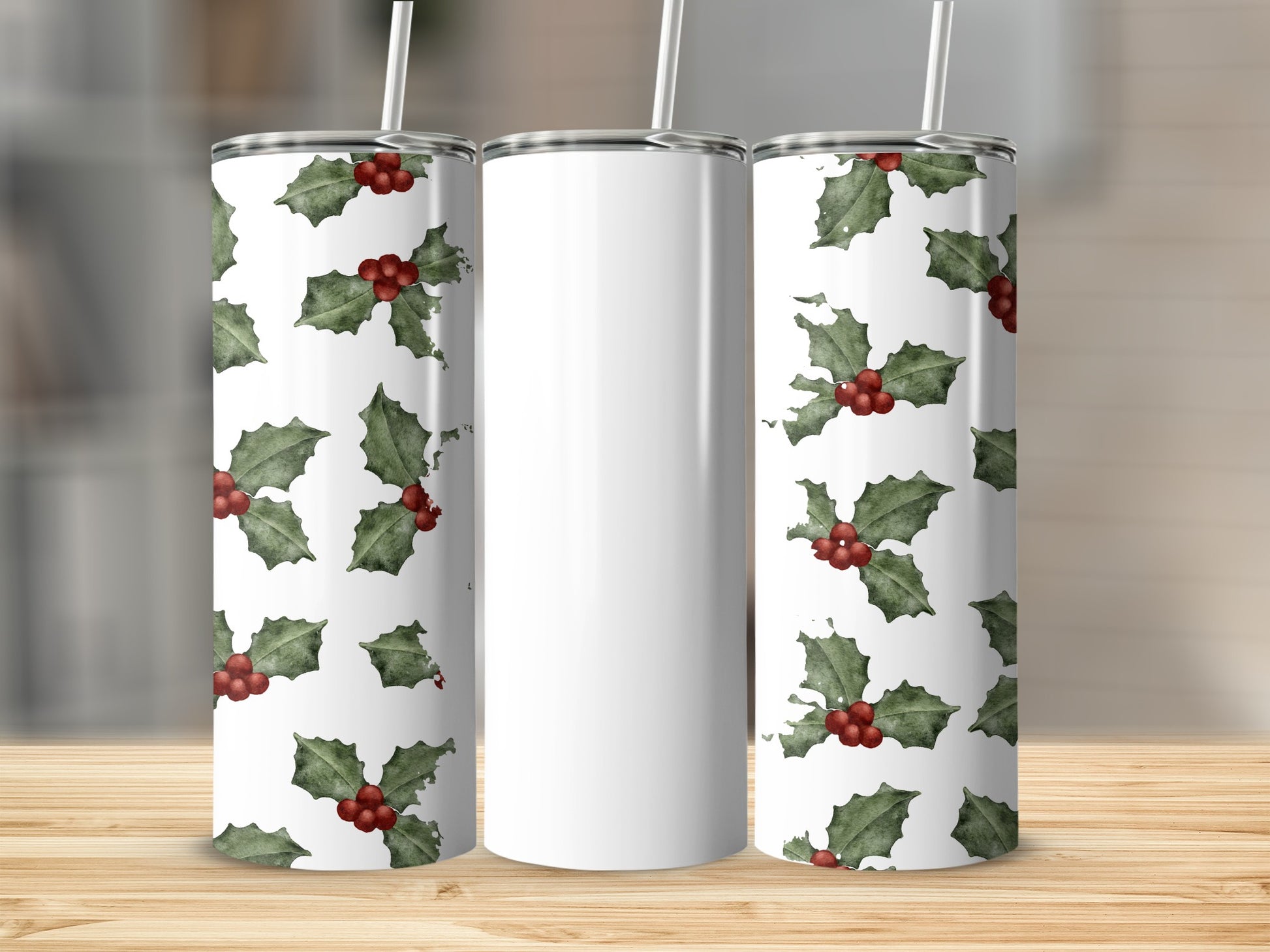 Festive Holly Berry Design Insulated Tumbler Cup