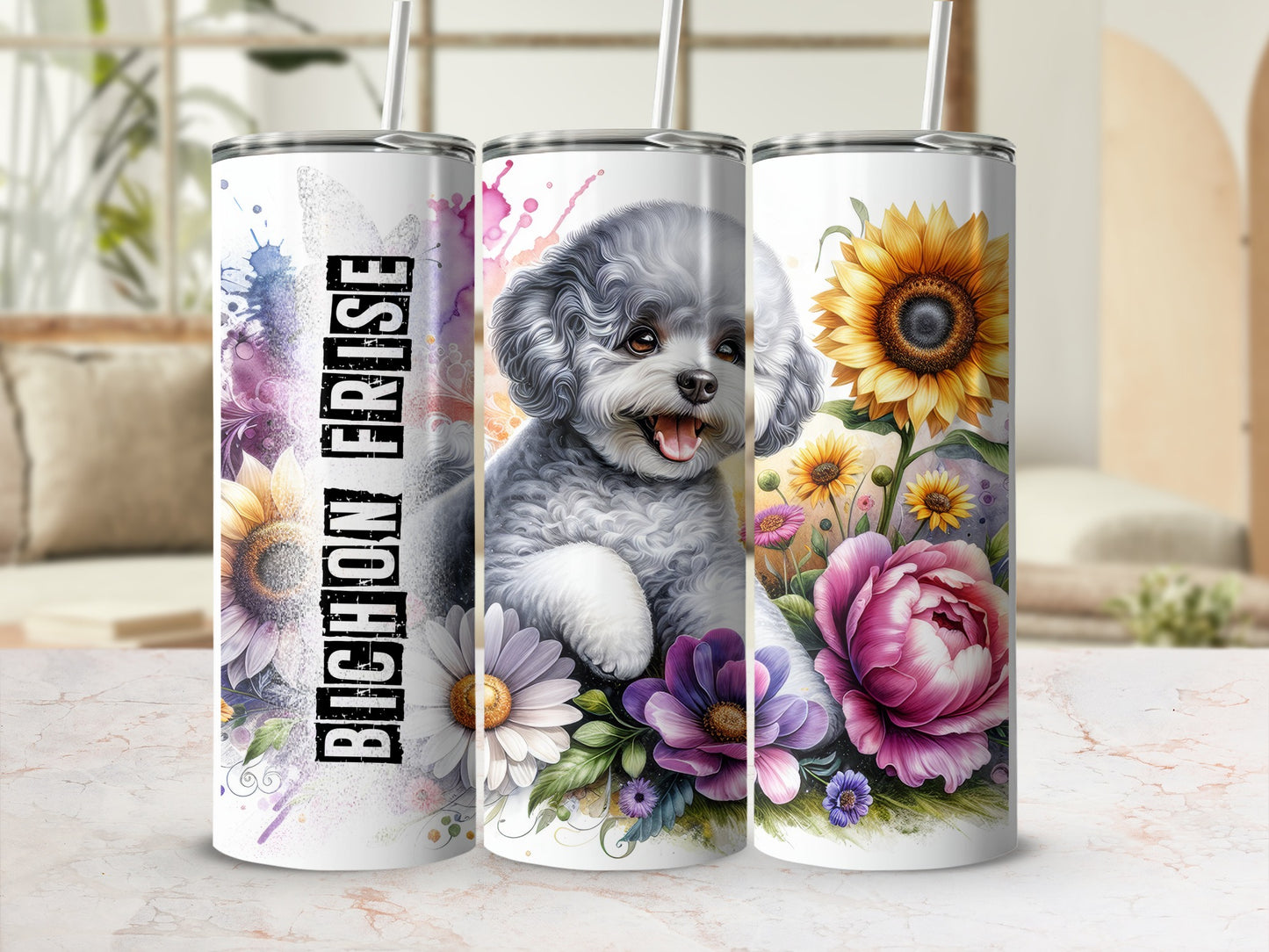 Bichon Frise on a floral background with watercolor splashes.