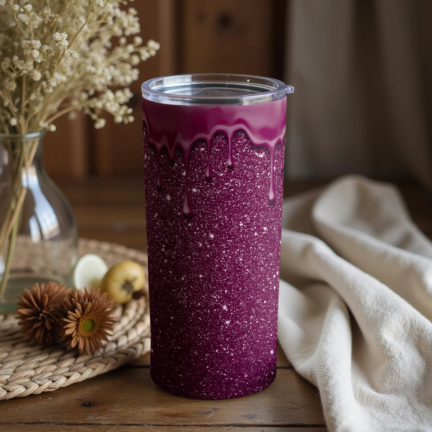 Purple Glitter Drip Tumbler with Secure Lid Drinkware