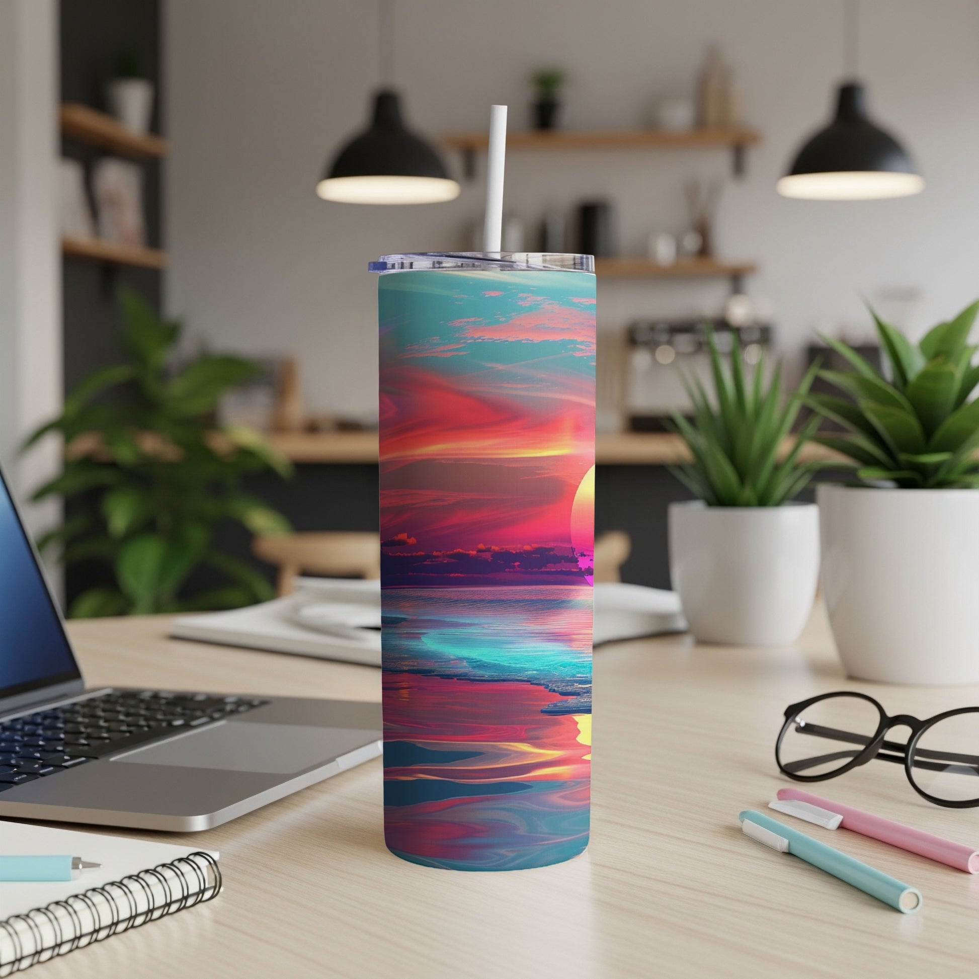 Colorful sunset ocean waves design on a stainless steel tumbler with straw.