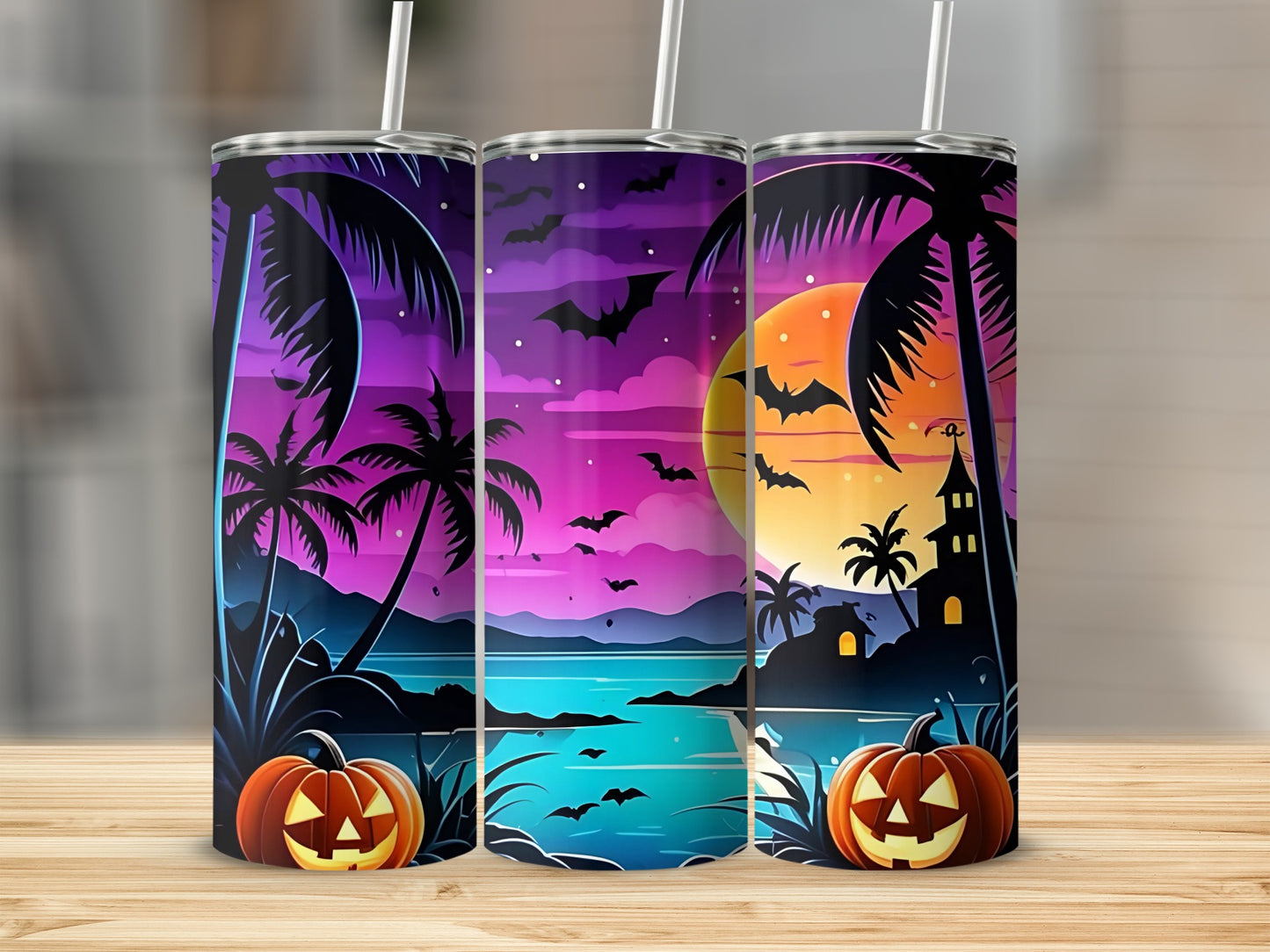 Three tumblers with Halloween beach scene, palm trees, bats, and jack-o'-lanterns.