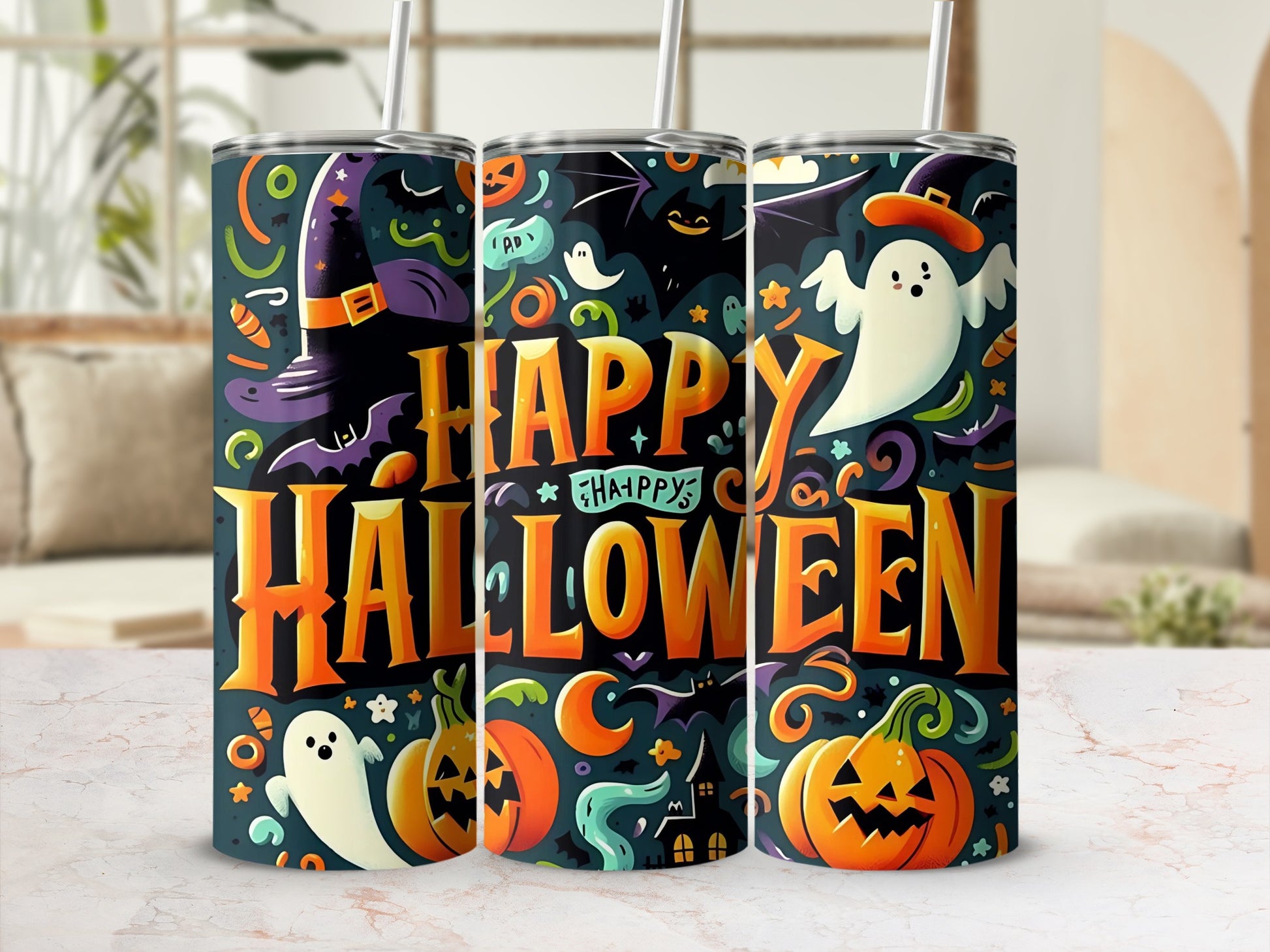 Three tumblers with "Happy Halloween" text and Halloween motifs like ghosts and pumpkins.
