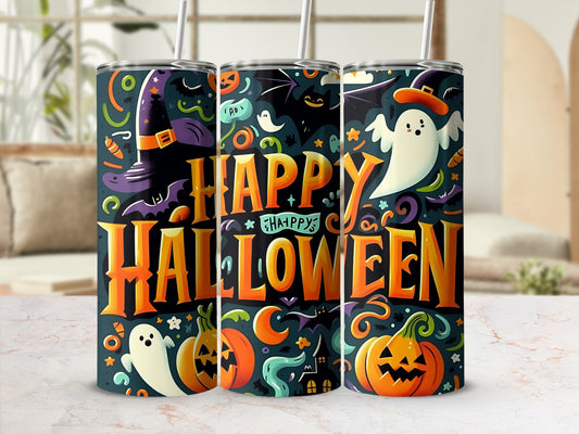 Three tumblers with "Happy Halloween" text and Halloween motifs like ghosts and pumpkins.