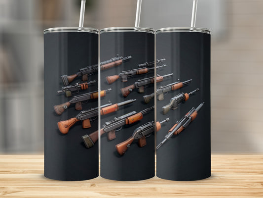 Tumbler with repeated pattern of various rifles and machine guns.