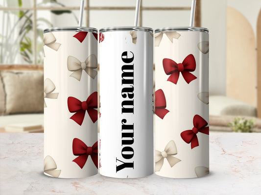 Customizable Name Red and White Bow Design Tumbler