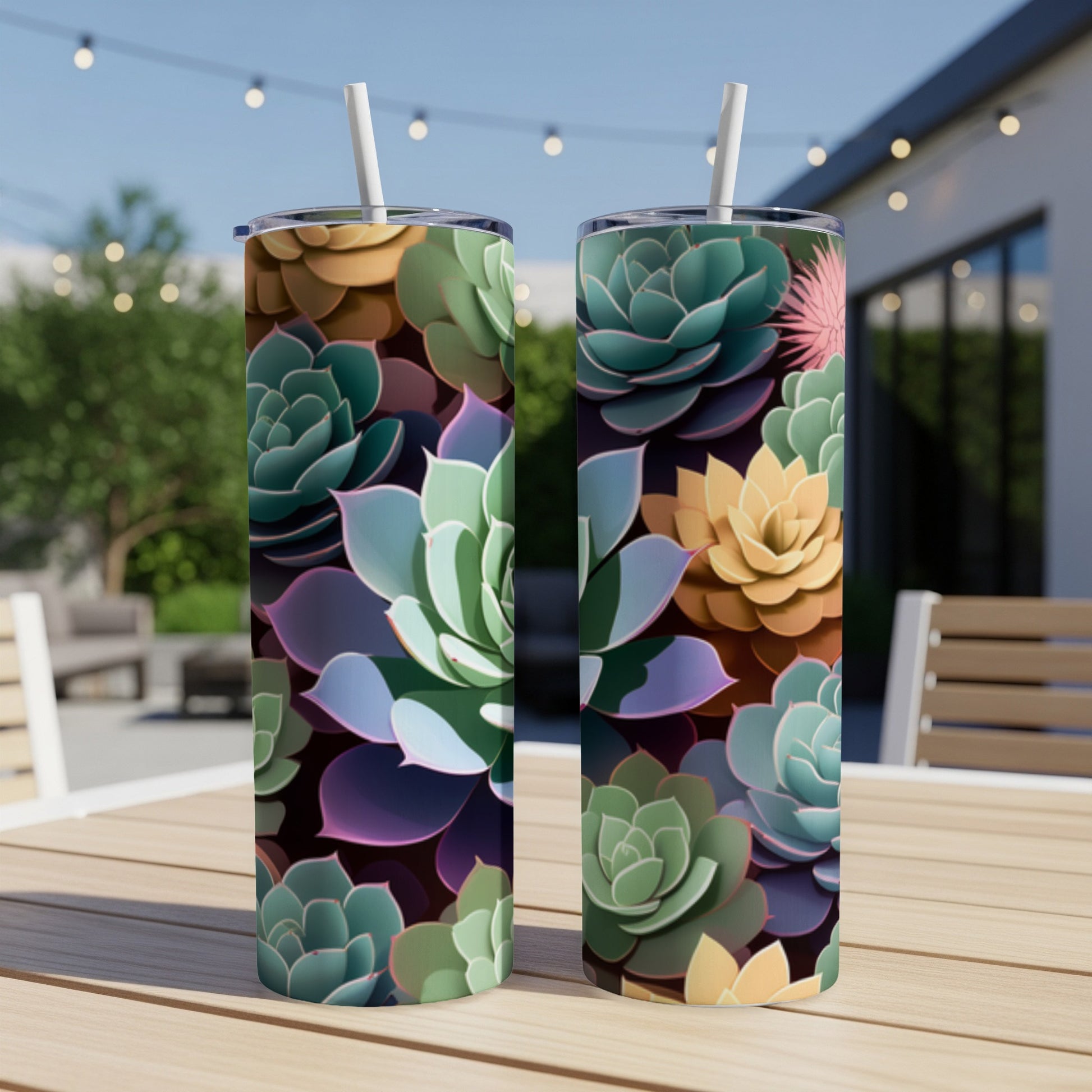 Two tumblers with colorful succulent designs on an outdoor table.
