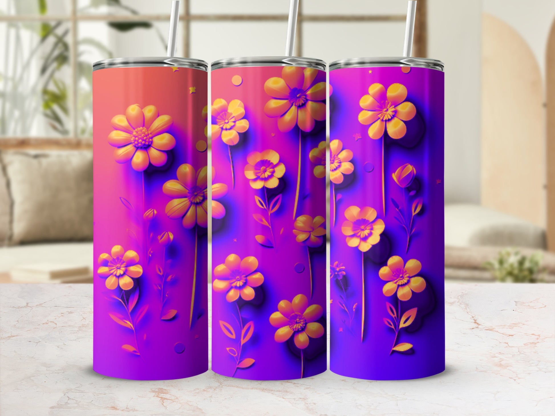 Three tumblers with a gradient of orange to purple, adorned with yellow flowers and leaves.