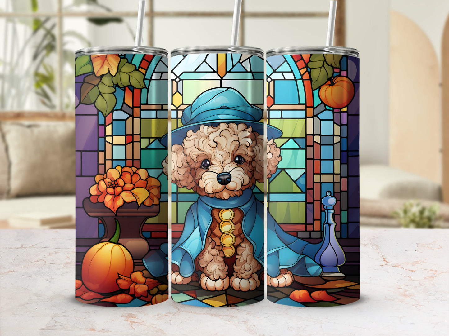 Triptych tumbler with poodle in blue coat, stained glass, pumpkin, and flowers.